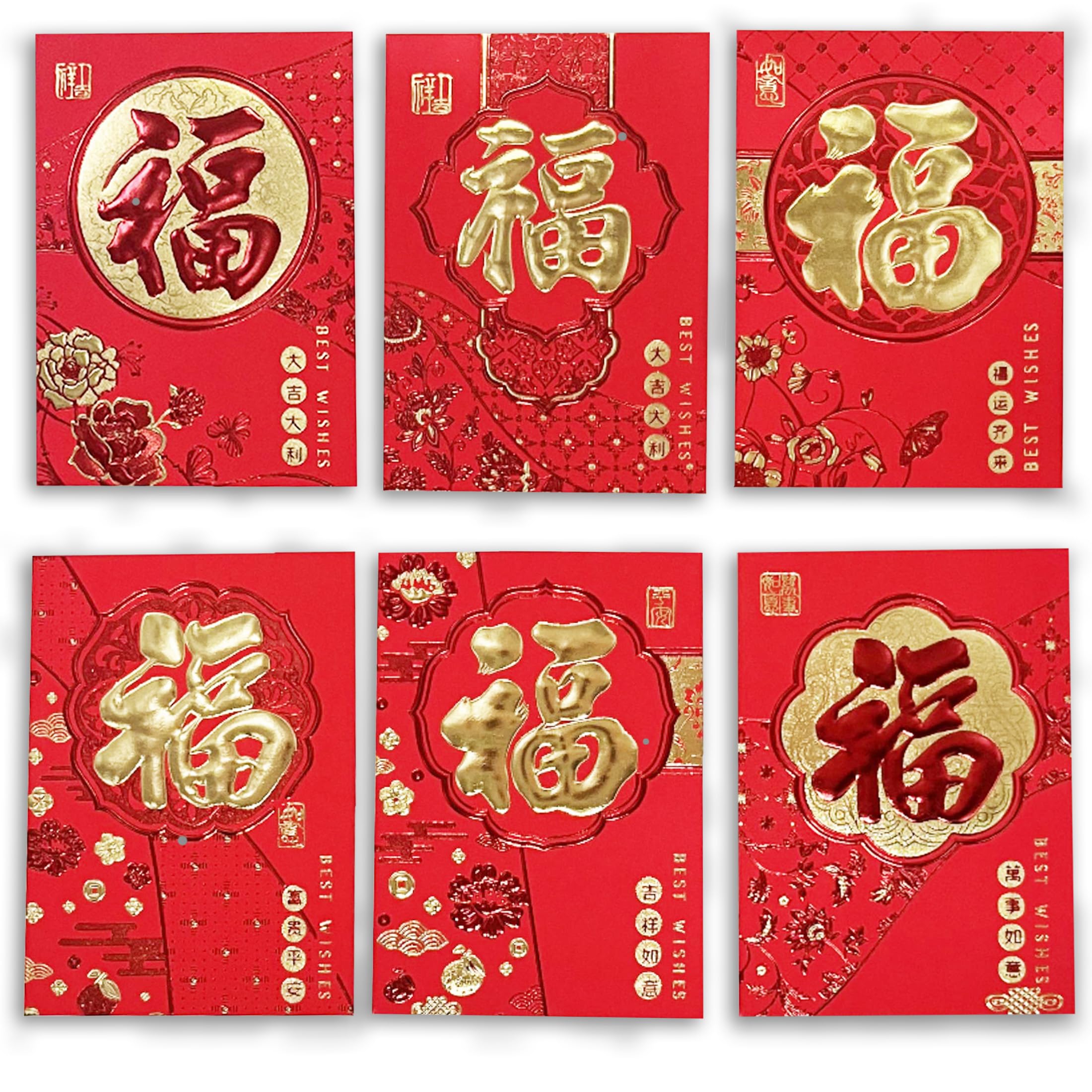 36Pcs Chinese New Year Envelopes, Lunar New Year of The Snake Red Envelopes 2025 with 6 Gold Embossed Fu Designs, Hong Bao for Spring Festival Birthday Wedding