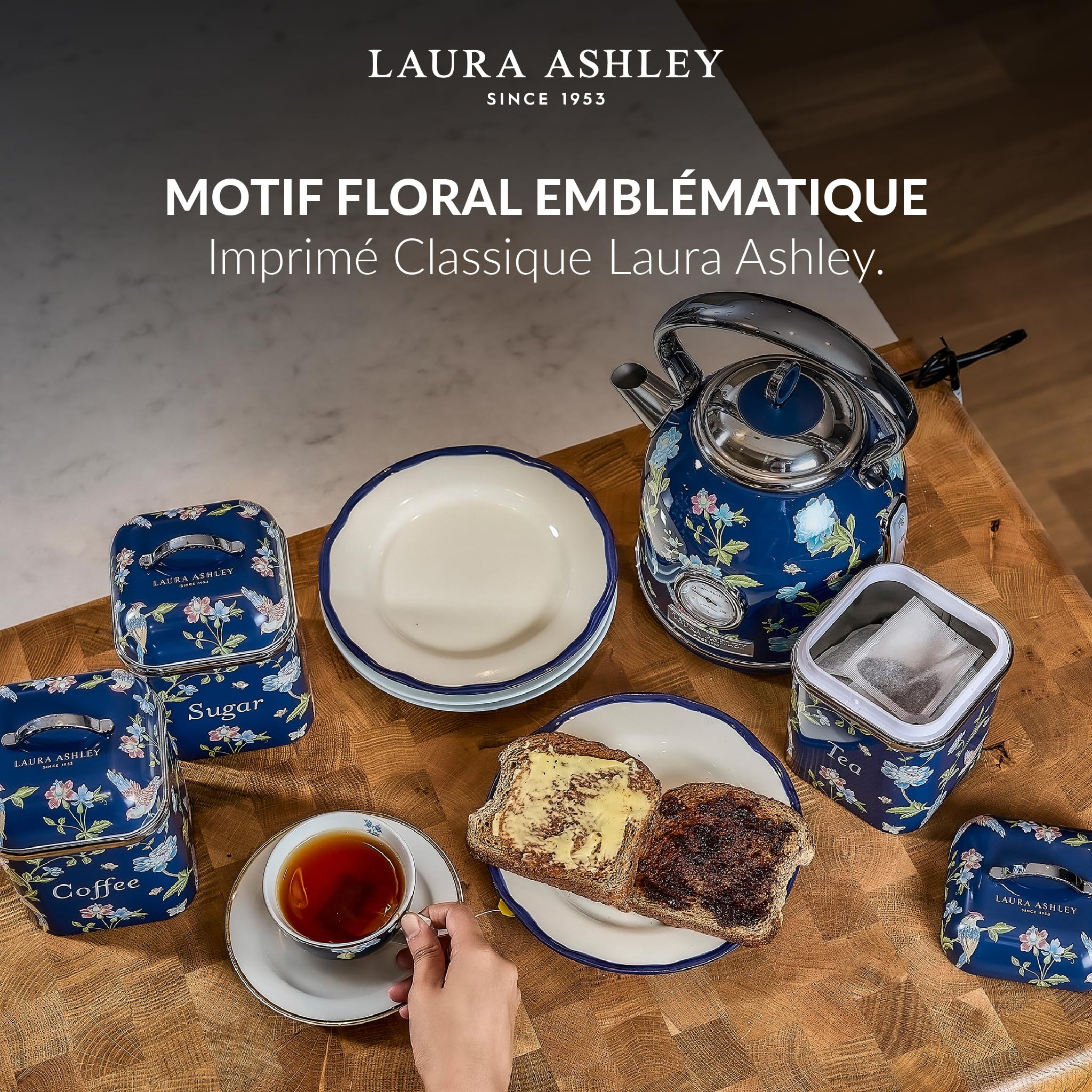VQ Ensemble de 3 bocaux de rangement pour thé, café et sucre Laura Ashley, motif marin Elveden, élégante boîte de rangement en fer-blanc avec couvercle (Marine Elveden)