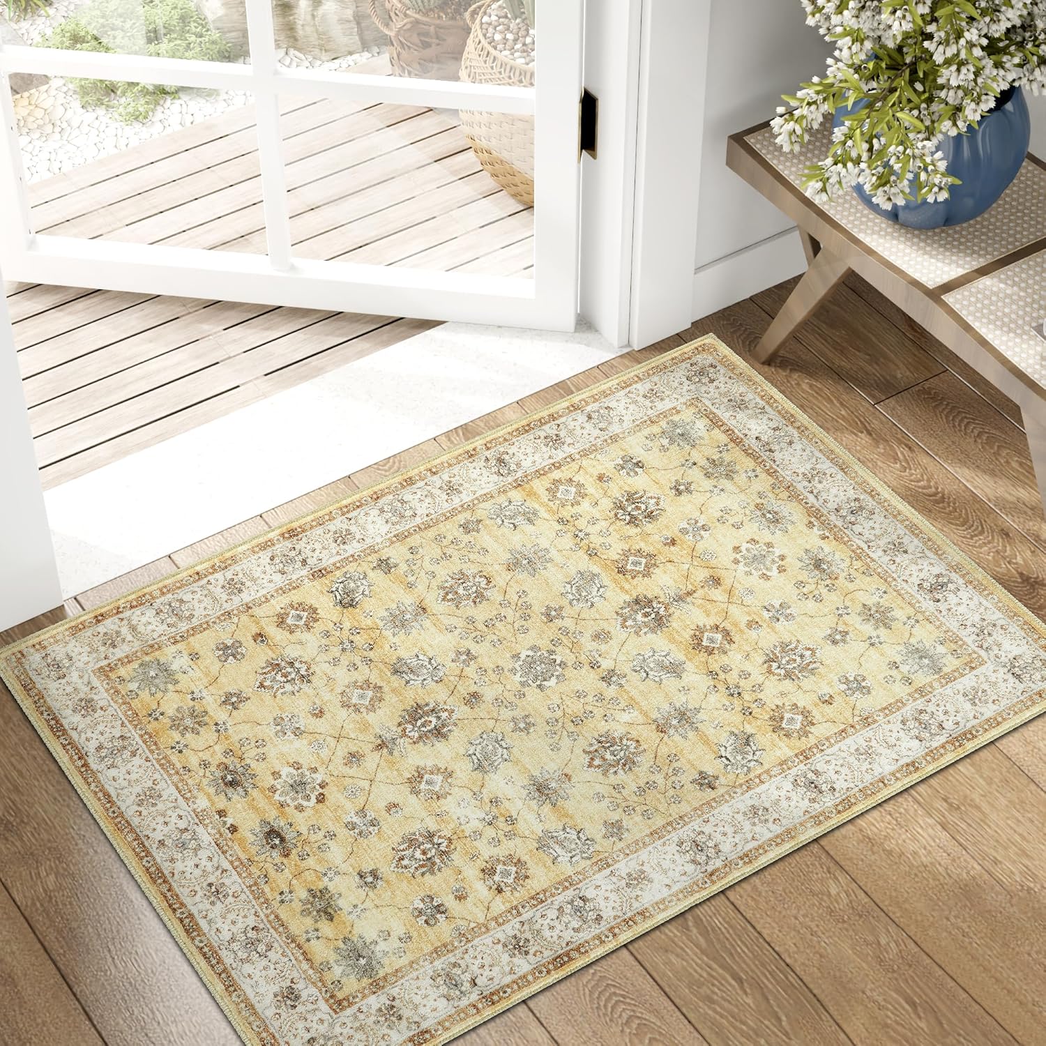 jinchan Area Rug 2x3 Washable Vintage Floral Rug Indoor Entryway Non-Slip Door Mats Soft Carpet for Living Room Bedroom Bathroom Home Office Taupe
