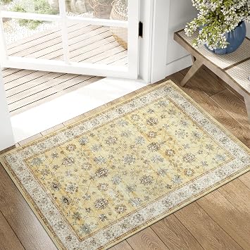jinchan 2x3 Washable Vintage Floral Entryway Rug Distressed Doormat, Taupe | Allover Botanical, Ornamental Border, Non-Slip, Thin, Lightweight, High-Traffic, Kitchen, Laundry Room, Bathroom Bedroom