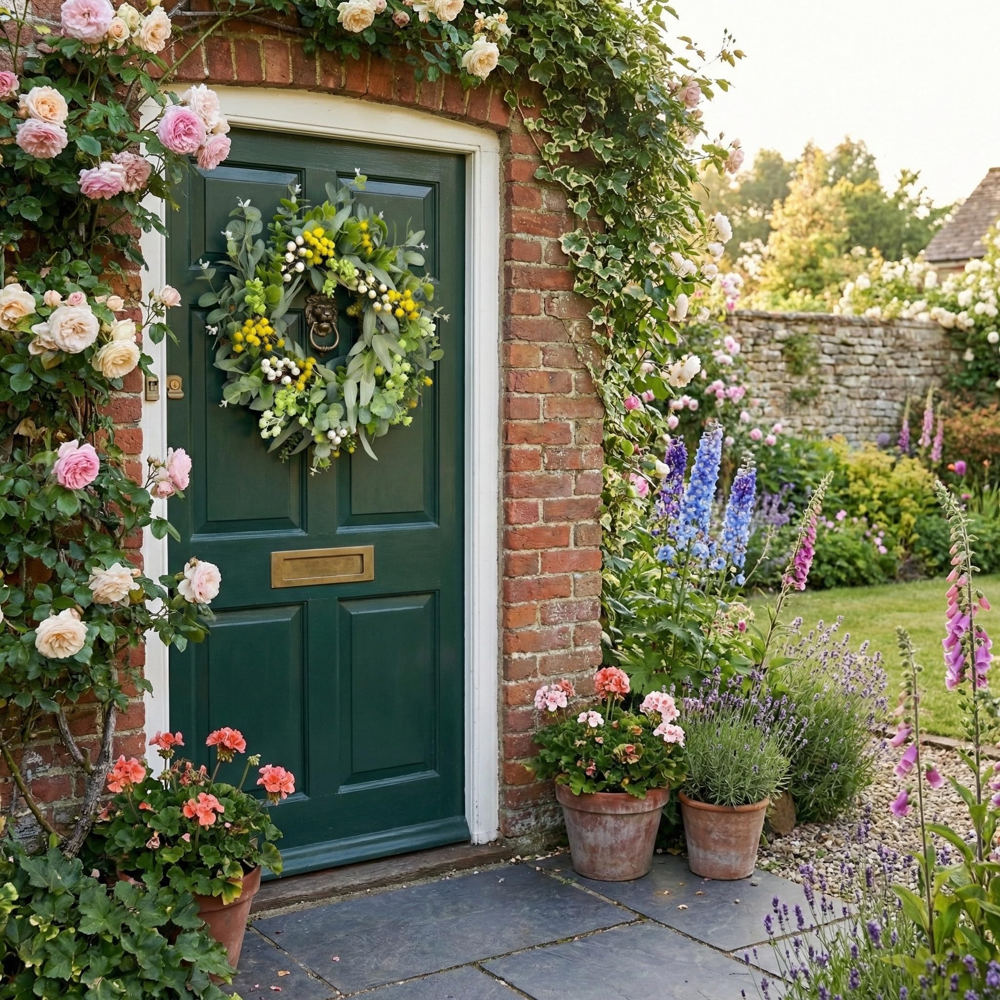 Ghirlanda di eucalipto, 46 cm, a molla, per porta d'ingresso, ghirlande estive per porte esterne, per appendere tutto l'anno, per casa colonica, ufficio, casa, decorazione per feste di nozze