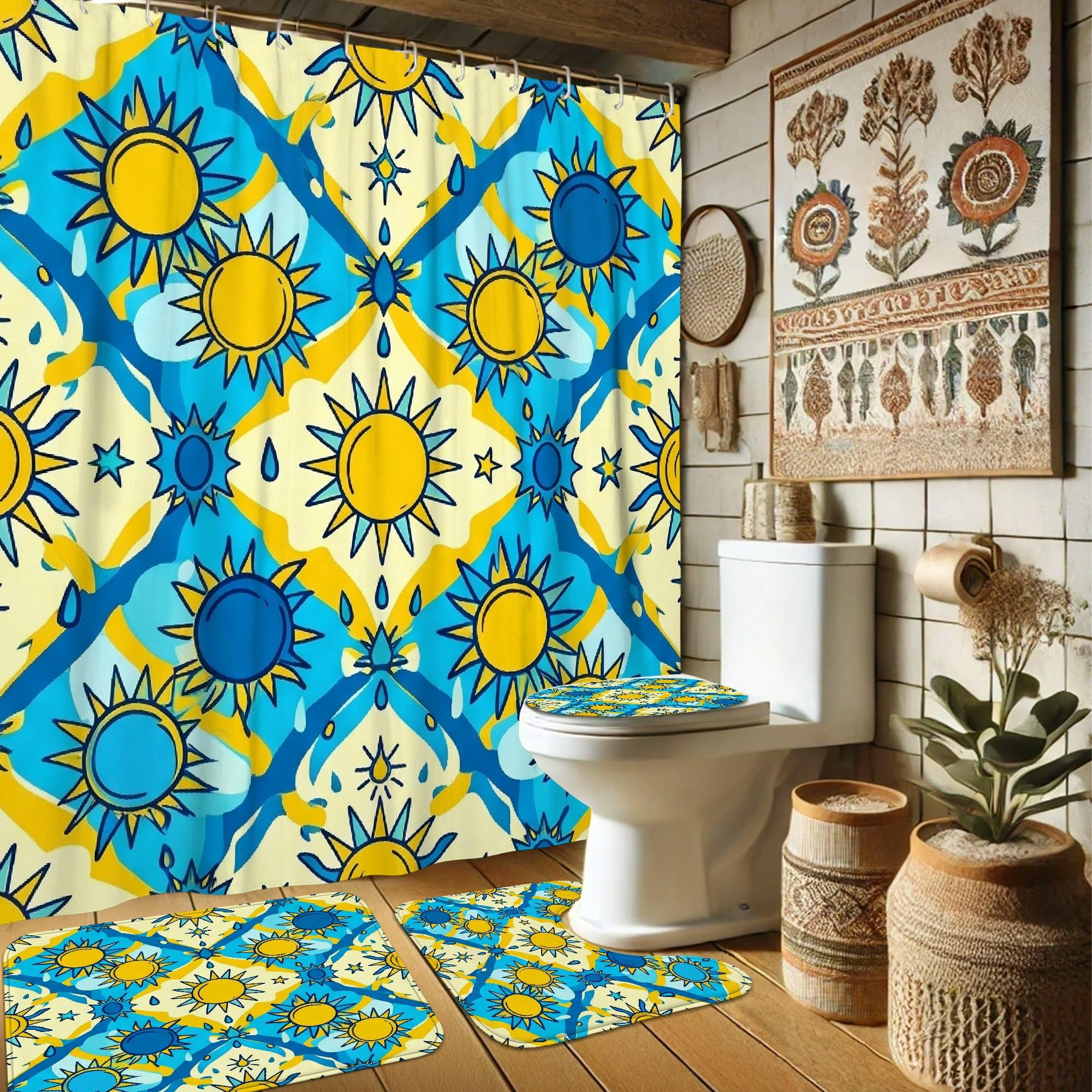 Rideau de douche tissu imperméable jaune à étoiles 183x183 avec son tapis