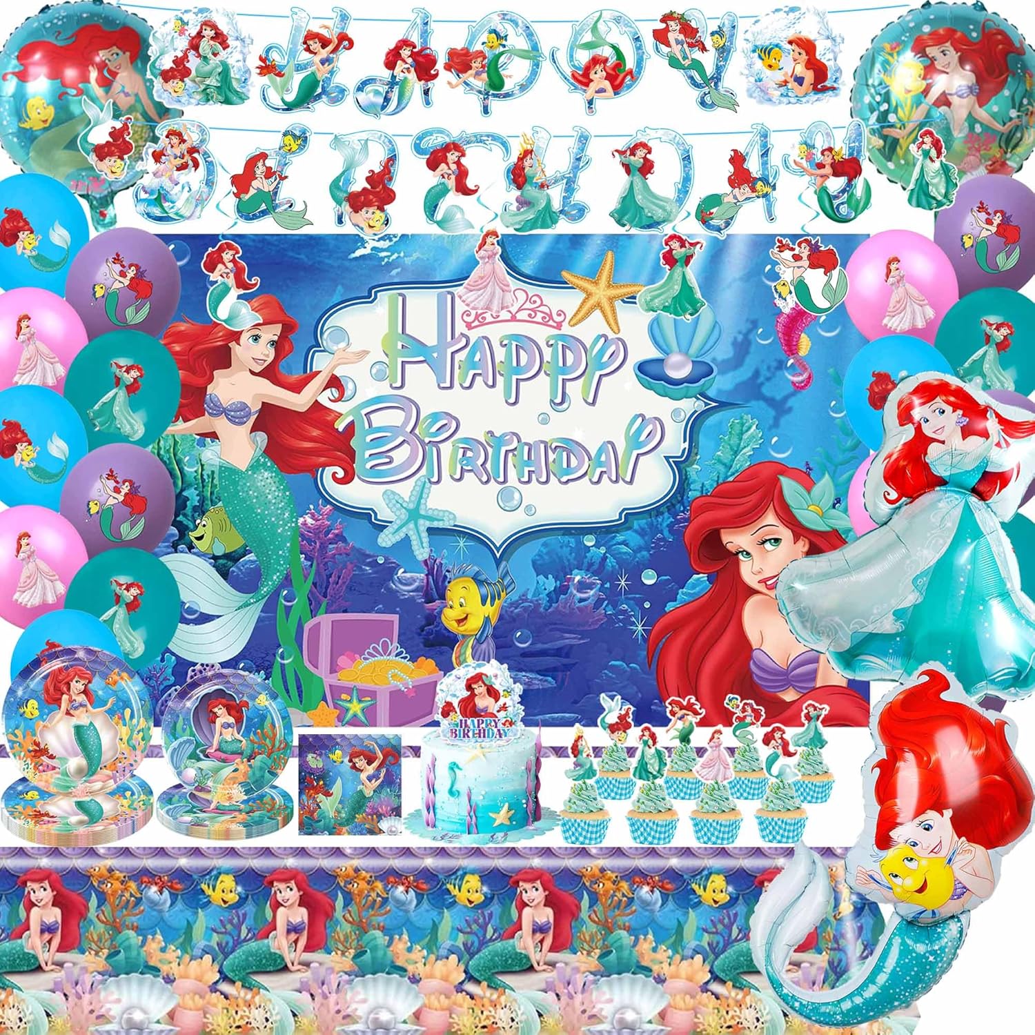 Birthday Party Decorations Set - Underwater Princess Theme (Includes Banner, Foil Balloons, Printed Balloons, Plates, Napkins)