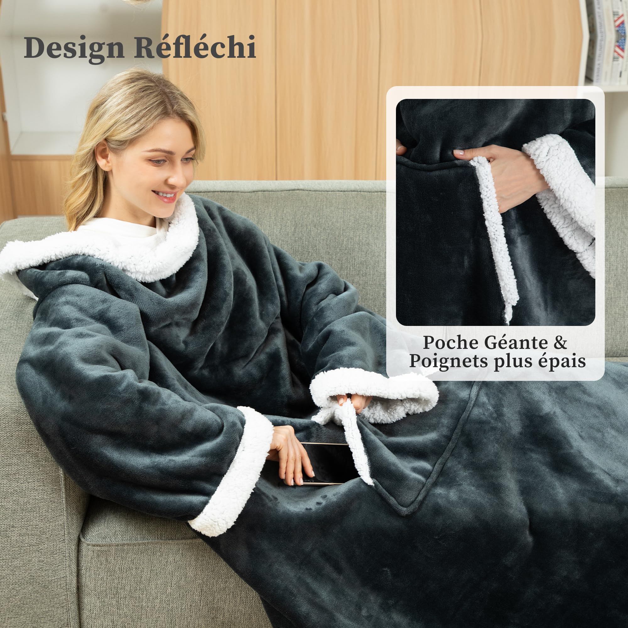 Winthome Couverture Polaire avec Manche et Sac de Pied, Couverture Chaude avec Velcro, Plaid Canape pour Cadeaux, Hiver, Plaid avec Manche, Économies de Coûts de Chauffage
