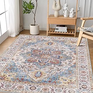 METAHOTS 5×7 Boho Area Rugs for Living Room，Brick Red Low Pile Machine Washable Non Slip TPR Backing Vintage Retro Rugs，Li...