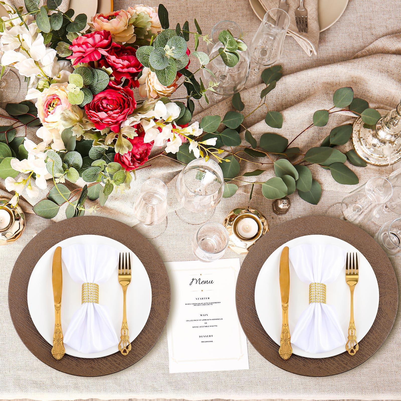 Round Table Using Chargers Wooden chargers wedding | Honestweddingadvice.com