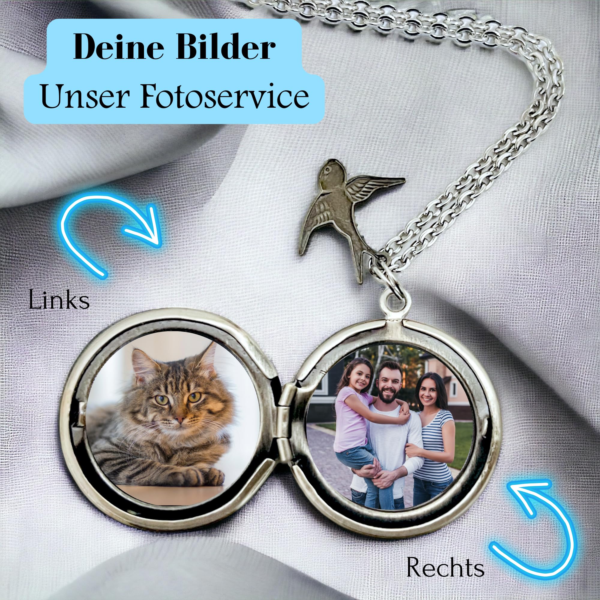 MadamLili - Personalisierte Halskette Foto Medaillon Anhänger Set Fotoservice - Personalisierbar mit GRAVUR - 70cm Kette in Altsilber - Namenskette - Aufklappbar - Handgefertigt - Exklusive Schmuckbox