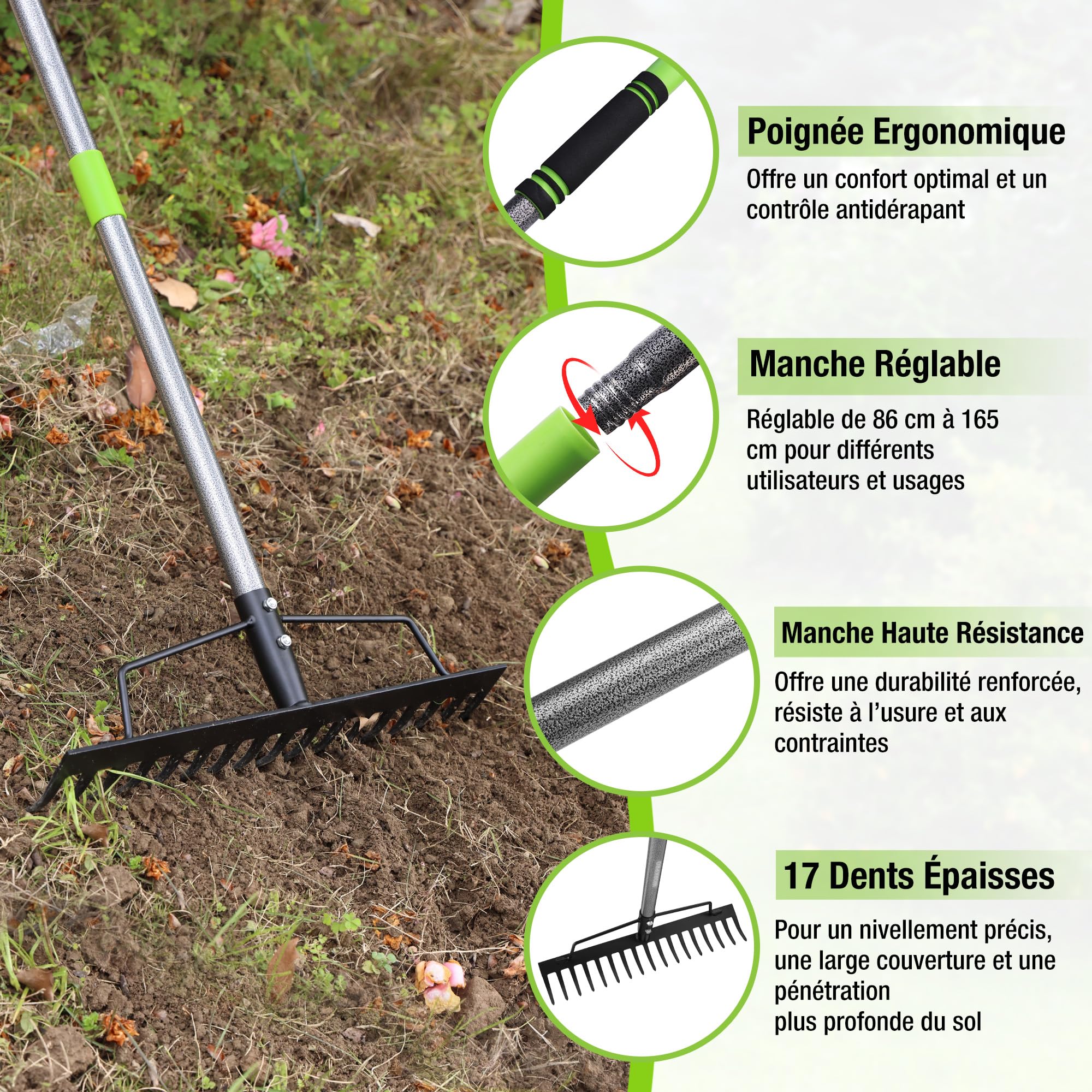 WORKPRO Râteau Robuste, Râteau Arceau 165 cm, Râteau de Jardin 17 Dents en Acier, Outil de Jardin avec Manche Réglable et Démontable, pour Ameublir Le Sol, Ramassage des Feuilles, Nivelage de Pelouse
