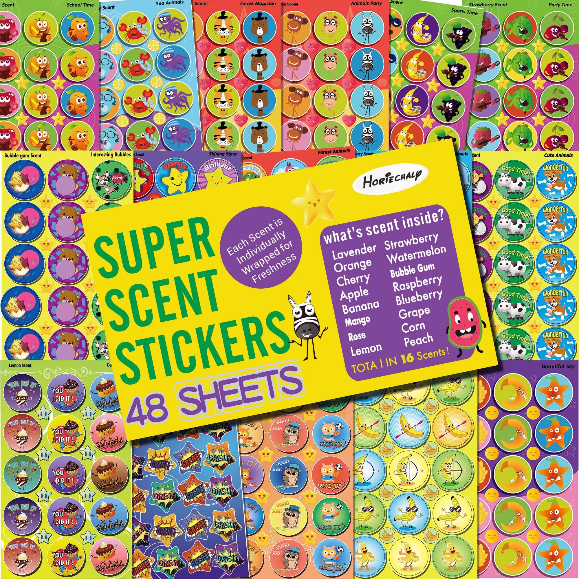 HORIECHALY Scratch and Sniff Stickers, 48 Sheets Scented Stickers with 16 Scents, 720+ Super Smelly Reward Stickers for Kids & Teachers, Birthday Christmas Gift, Party Favors