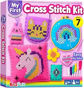 KRAFUN Cross Stitch Kit for Kids Age 5+, 6 Beginner Projects | Felt craft projects: keyrings, bag & pillow. Threads, needles & instructions. Builds motor & focus skills