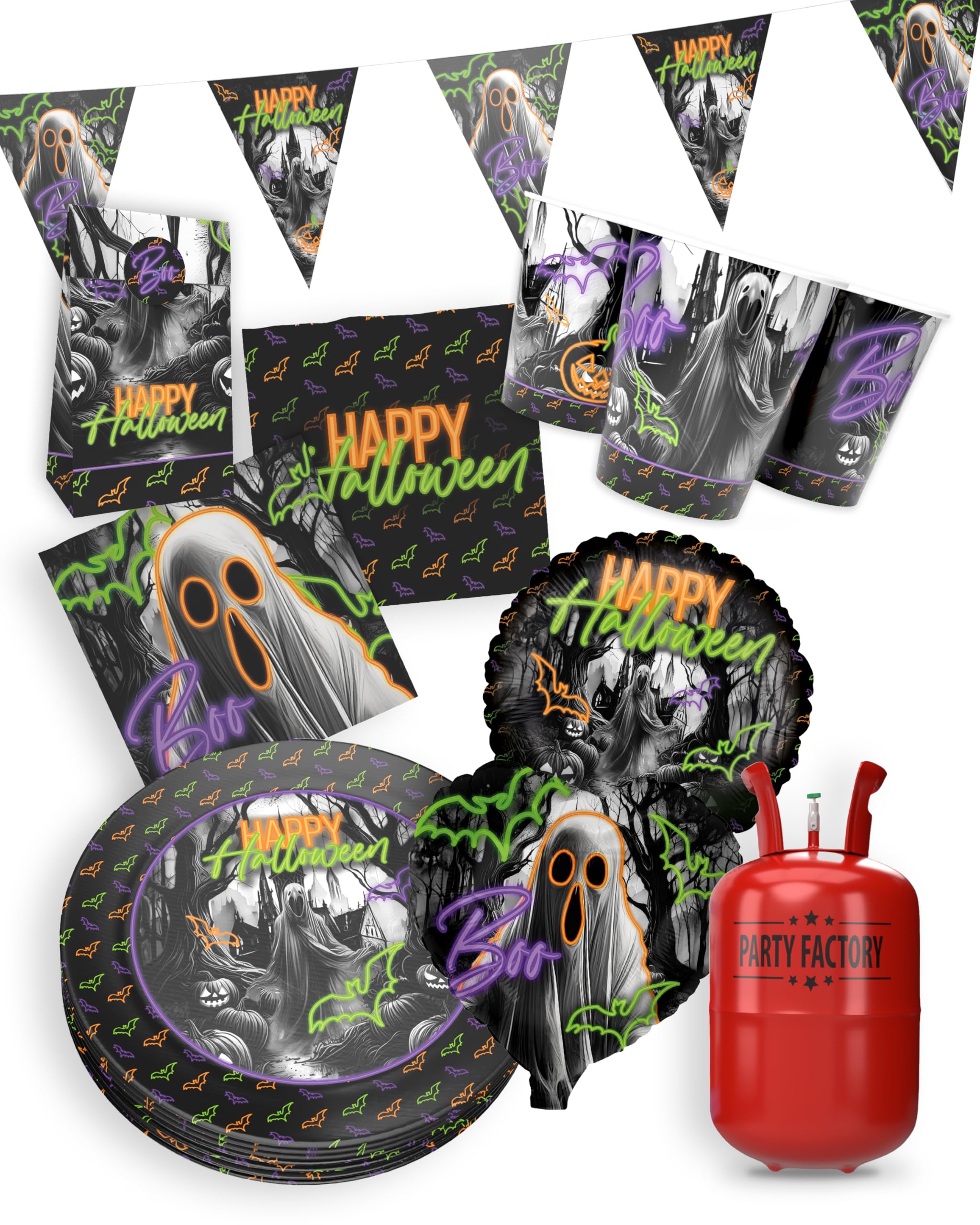 Party Factory – Halloween Partydeko Komplettset für Kinder - 57 tlg. Tischdeko Pappgeschirr mit Wimpelkette für Halloweenpartys & Mottopartys - Party Deko Bundle mit Tellern, Servietten etc.