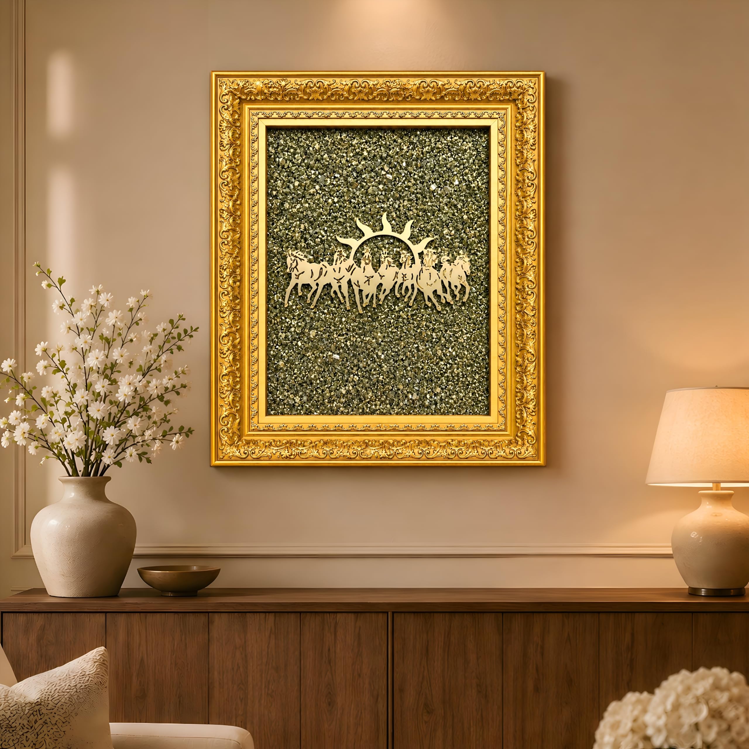 INFINIX CRYSTAL 7 Horses on Raw Pyrite Frame | 13×11 inches Big Size Luxurious Seven Horses with Sun Vastu Frame | Certified Pyrite Stone Wall Hanging for Home and Office Decor & Gift-image-31