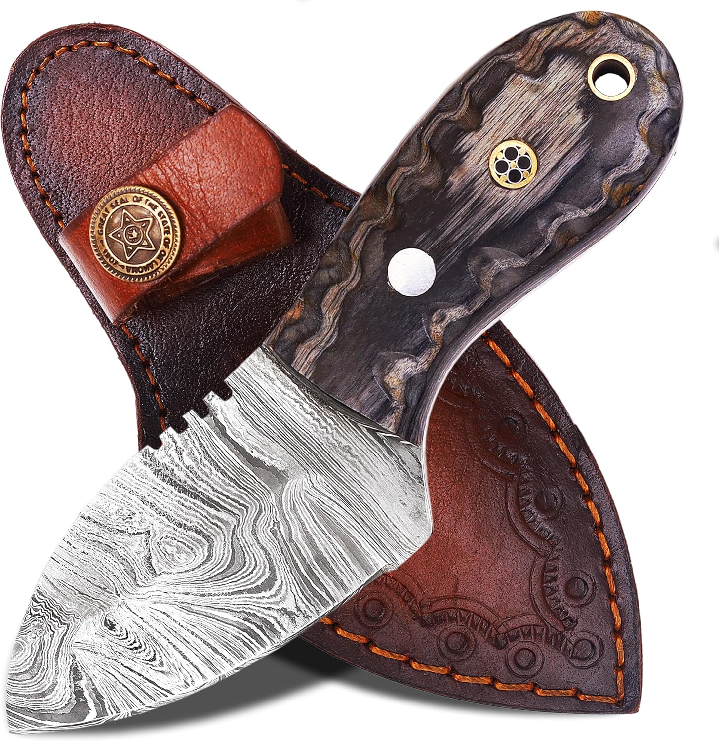 ANCILLA Handmade Damascus Hunting EDC Camping Deer Knife - Full Tang Fixed blade Mini Pocket Cowboy Neck knife for Bushcraft, Camping and Skining with leather sheath Holster - Predator Hunter Viking Blade - Ideal Viking Gift for Men