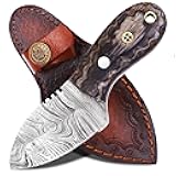 ANCILLA Handmade Damascus Hunting EDC Camping Deer Knife - Full Tang Fixed blade Mini Pocket Cowboy Neck knife for Bushcraft, Camping and Skining with leather sheath Holster - Predator Hunter Viking Blade - Ideal Viking Gift for Men
