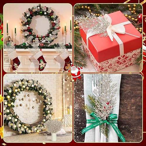 Miniatura 5 de Giegxin 48 agujas de pino artificial con purpurina para boda, ramas de pino, ramas para árbol de boda, tallo brillante para Navidad, corona de