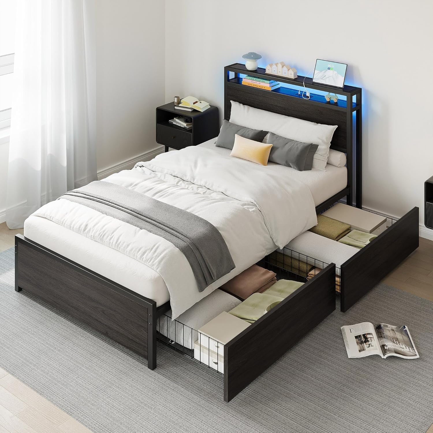 LIKIMIO Twin XL Bed Frame, DIY Storage Drawer Layout, Headboard with 2-Tier Shelves & Charging Station & LED Light, Suitable for Teen Rooms, Small Apartments & Bedrooms, Black