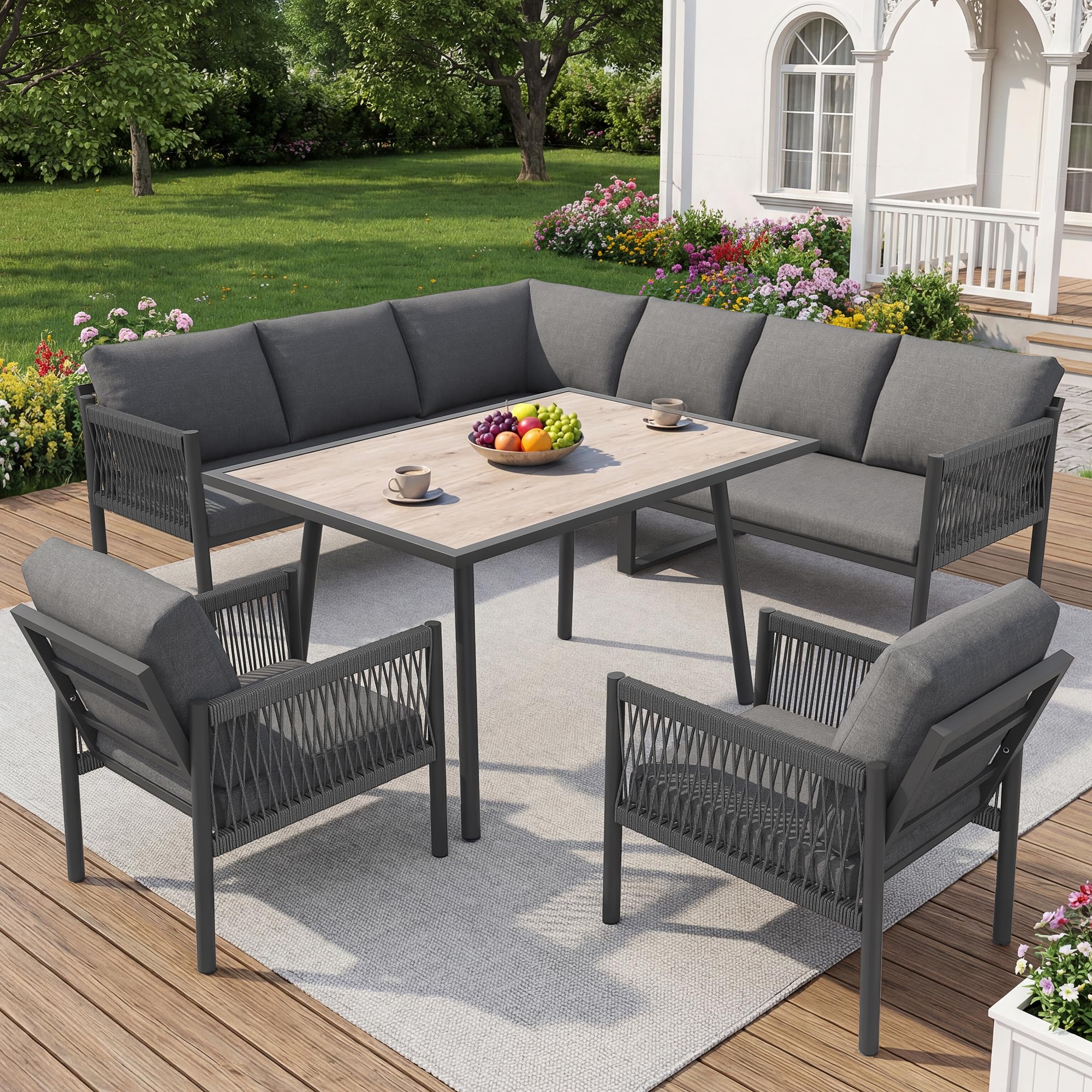 Conjunto de muebles de jardín para exteriores, sofá de jardín en forma de L para 7-8 personas, incluye 1 mesa con tablero de vidrio de imitación de madera y 2 sillones trenzados a mano, para