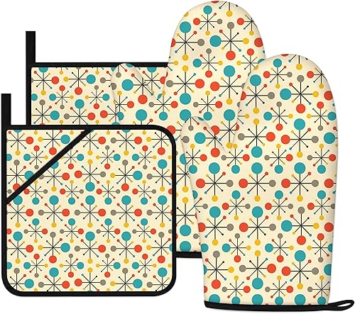 Juego de manoplas de horno y soportes para ollas de mediados de siglo, modernos accesorios de cocina amarillos atómicos, accesorios de cocina retro