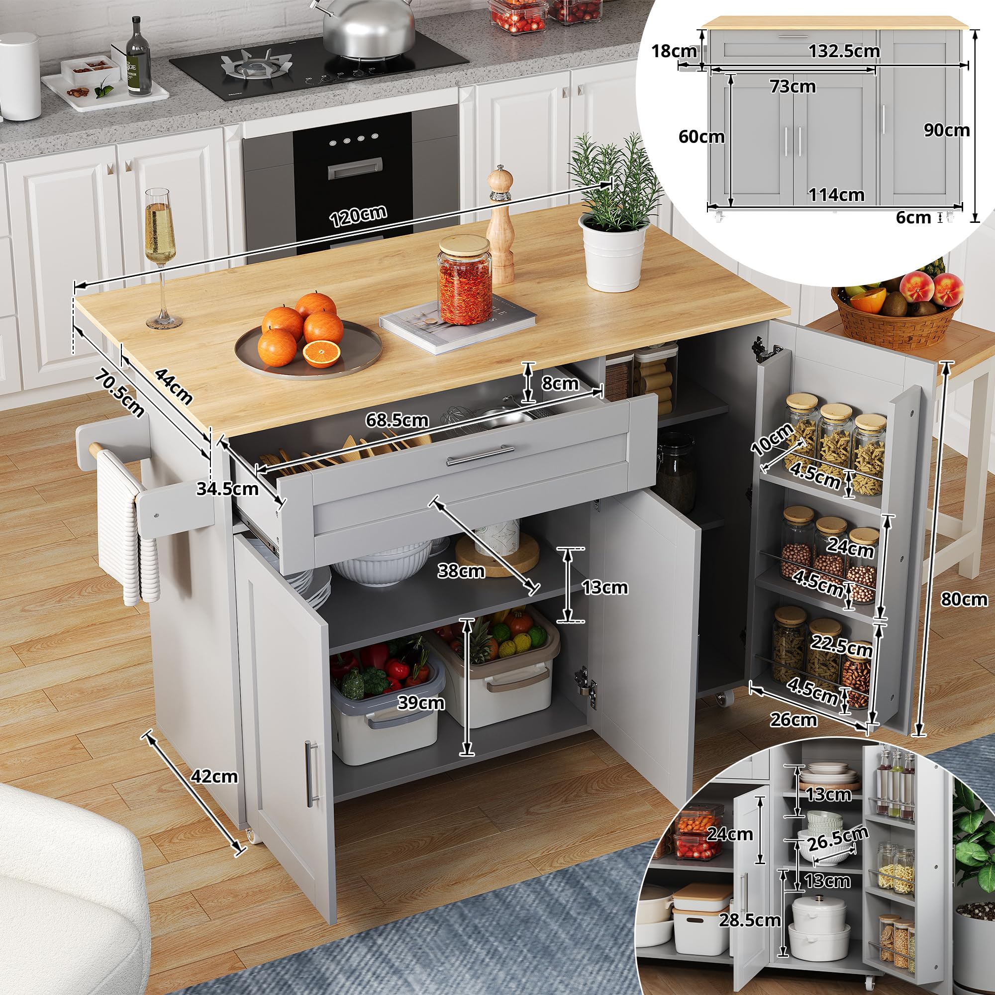 ilot Central Cuisine,desserte à roulettes Cuisine,Meubles de Cuisine avec Plan de Travail Rabattable,avec Espace de Rangement (Gris, 132.5x44x90cm)