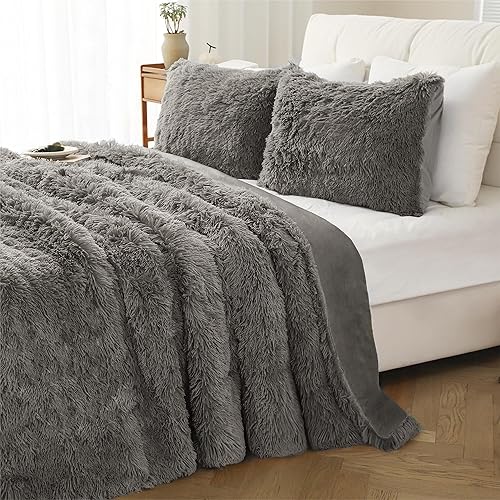 Juego de ropa de cama mullida y afelpada, juego de edredón suave y lanudo tamaño King, juego de funda de edredón gris de pelo sintético con funda de