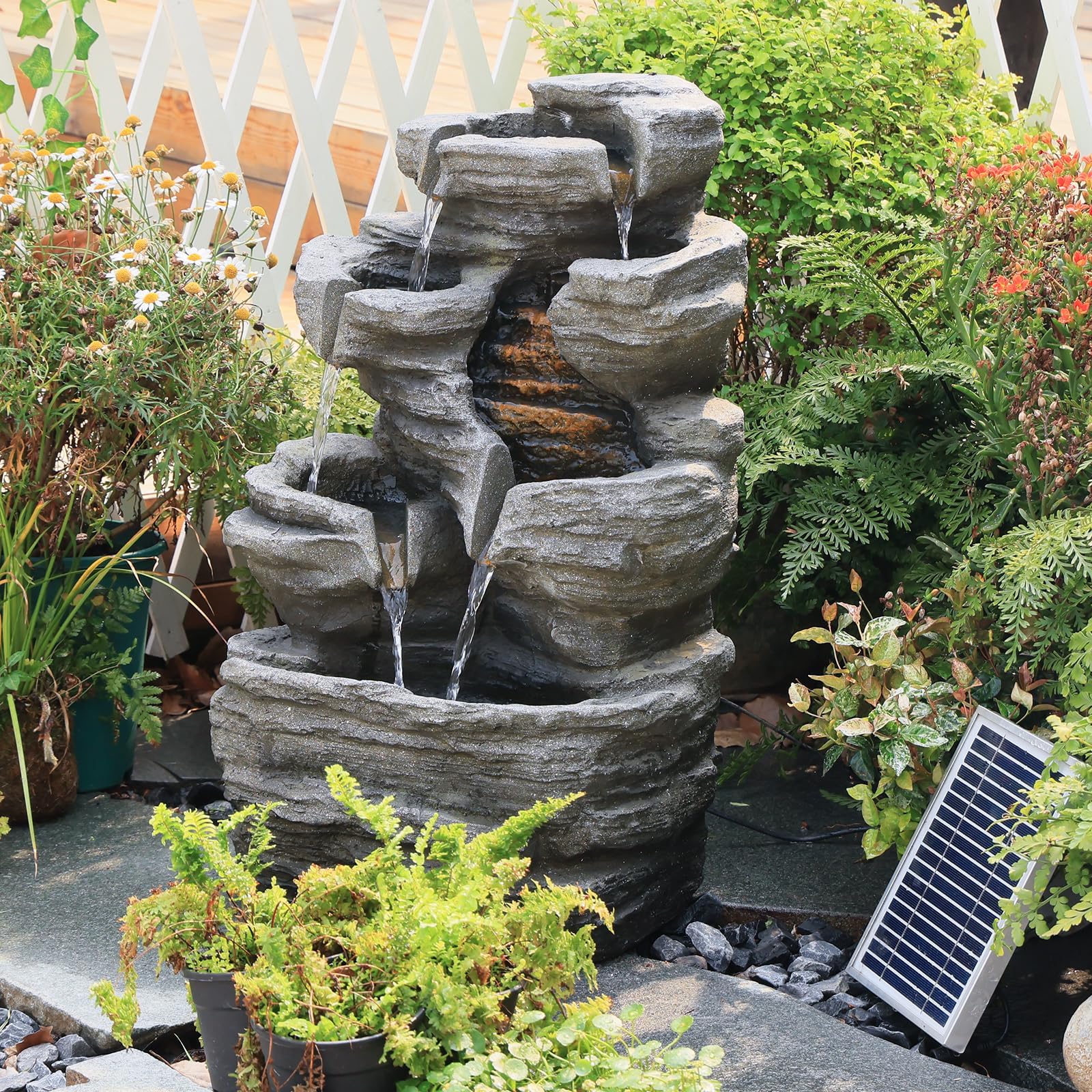 Bumilgar Solargetriebener 6-stufiger Kaskadenbrunnen mit LED-Beleuchtung, inkl. Pumpe & Solarpanel | 62 cm hoch, Steingrau für Terrasse, Balkon, Vorgarten | Natursteinoptik-Wasserfall, Außendeko