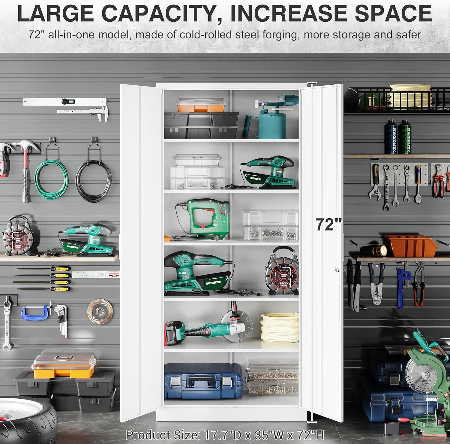 Wide & Deep Metal Storage Cabinet with 2 Doors and 5 Adjustable Shelves,White Locking Metal Cabinet,Large Garage Storage Cabinets,Lockable Tall Pantry Cabinets for Home,Office,Garage,Shop 72x36x18