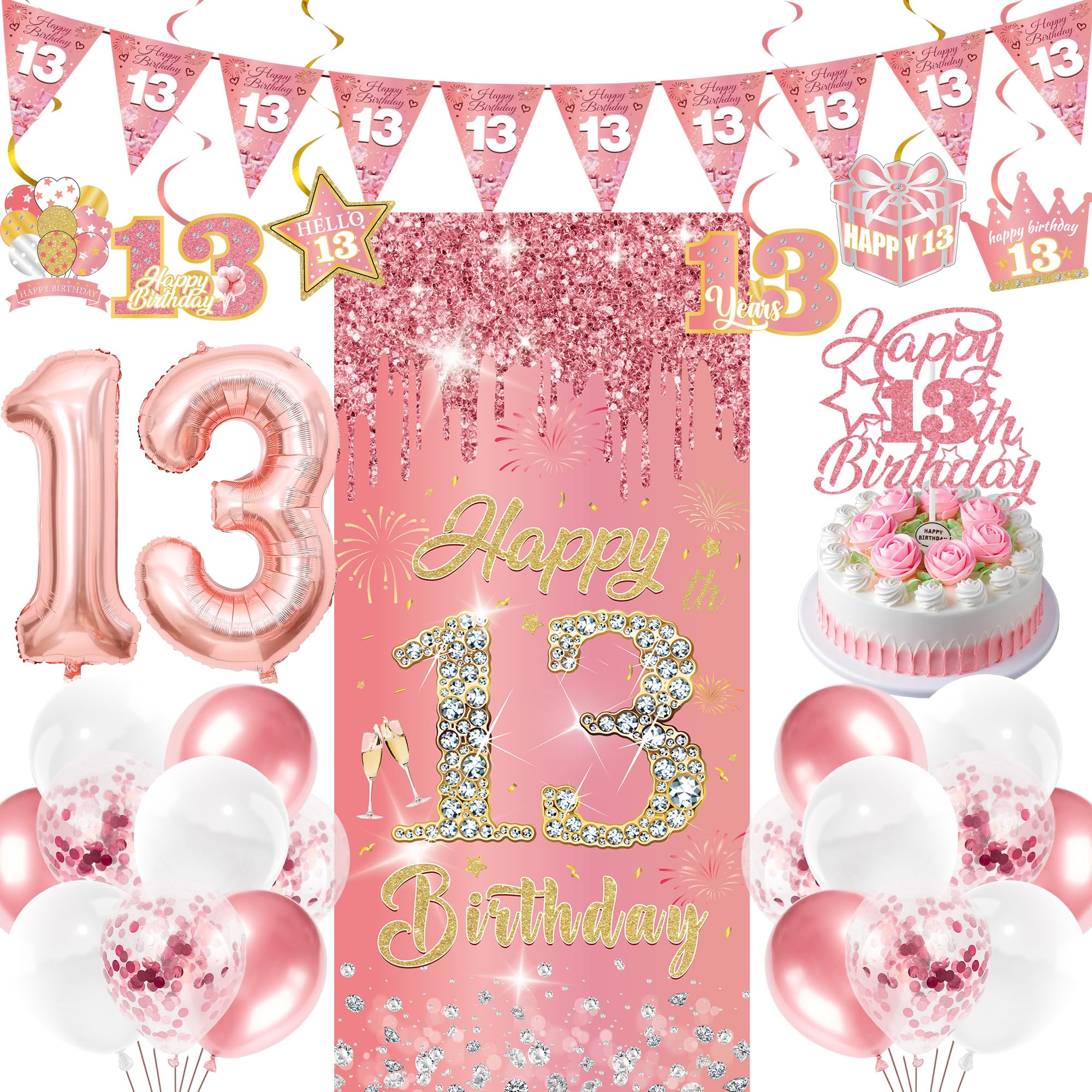 13th Birthday Decorations Balloons Girls - 29 Pcs Rose Gold Triangle Banner Hanging Swirls Backdrop Glitter Cake Topper Number 13 Foil Balloon for Her Girl 13 Years Old Happy Birthday Party Supplies