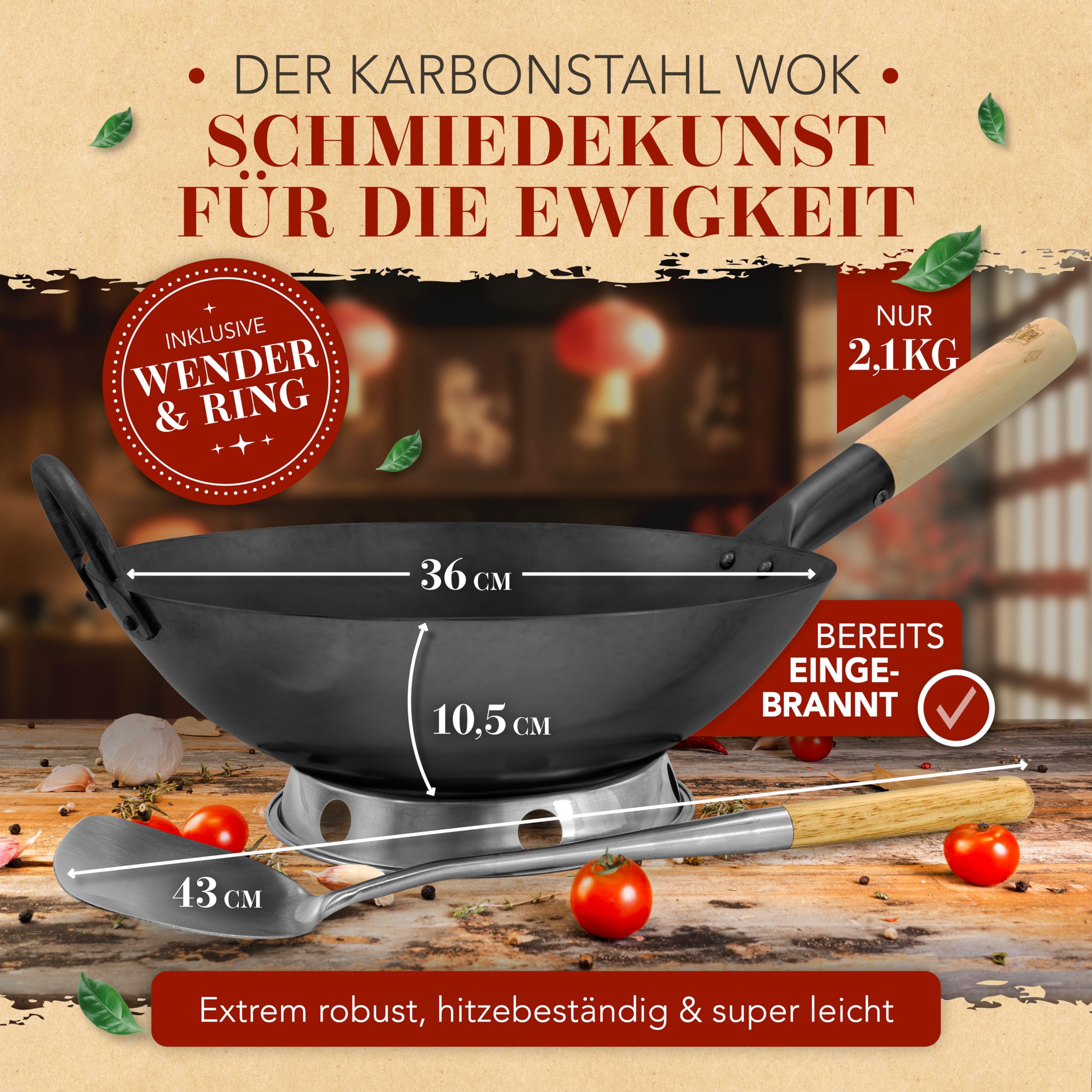 KRUSTENZAUBER 36cm Wokpfanne Induktion Voreingebrannt - Traditionelle Stahlwokpfanne Mit Wokwender und Wokring - Pfanne, Induktion, Woklette, Zubehör, Carbon Steel Karbonstahl