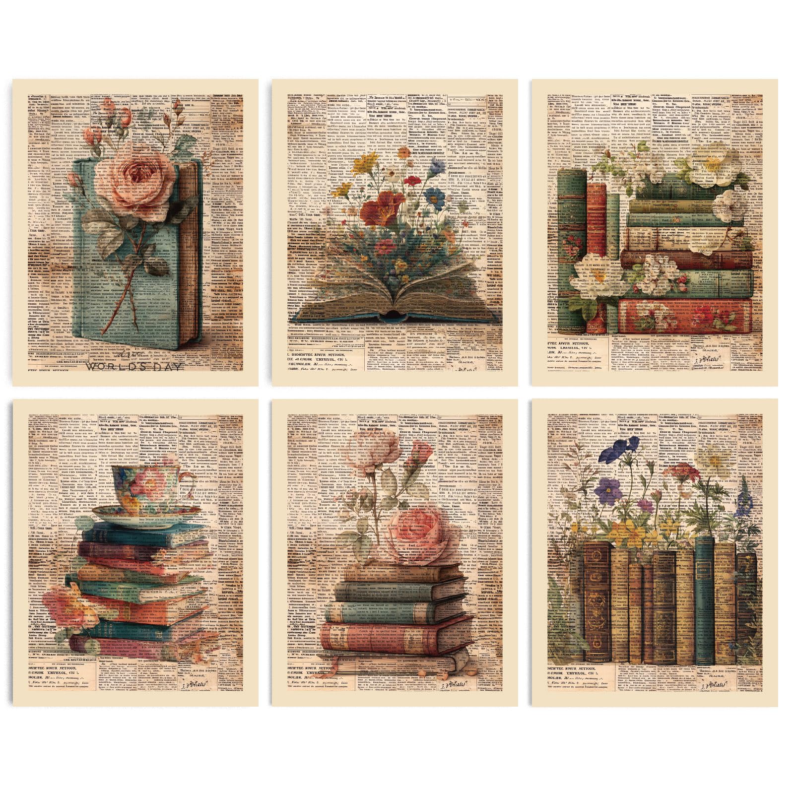 INFUNLY 6 Set Vintage Book Flower Wall Art Print 8x10Inch Retro Floral Poster Pictures Text Background Canvas Wall Art Unframed Academia Aesthetic Pictures Prints for Bedroom Office Study Room Decor