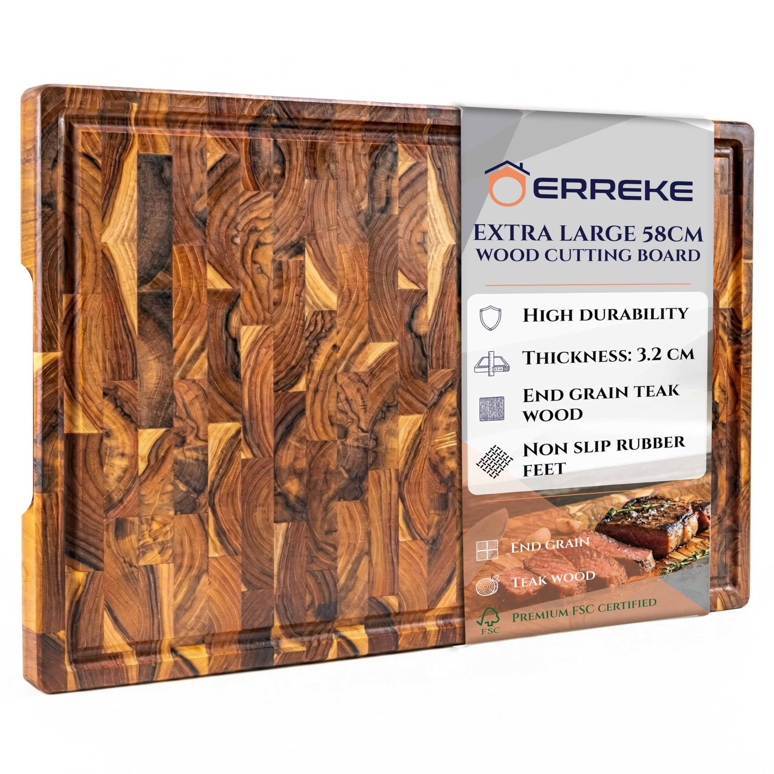 cleenbo - tagliere in legno di quercia professionale in legno di quercia oliato con vaschetta raccogli gocce in acciaio inox, dimensioni: 43 x 29 x 7 cm