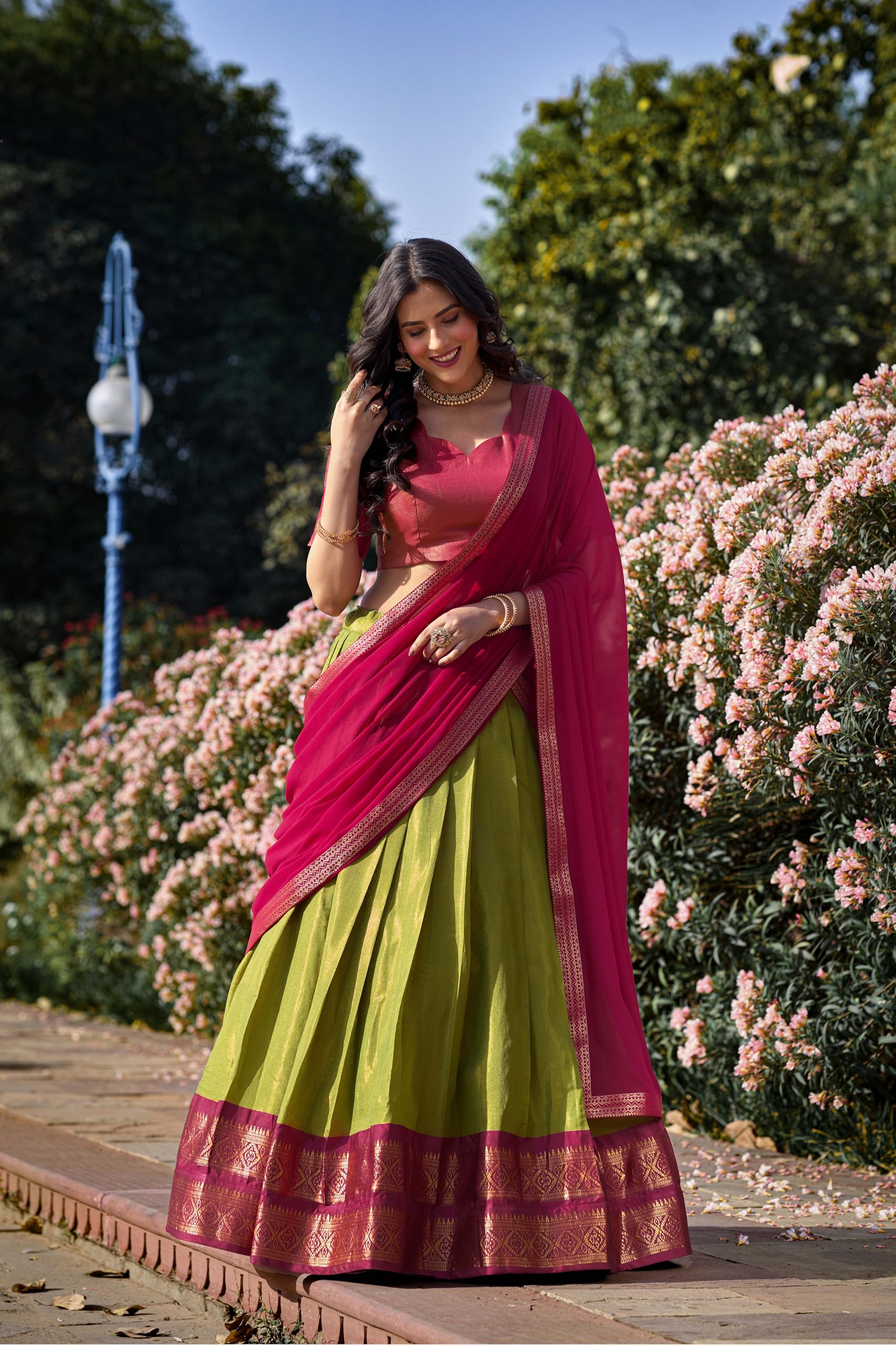 LooknBook Art Kanchipuram Women's Lehenga Choli (LNB2001_Pista_Free Size) - Image 6 thumbnail