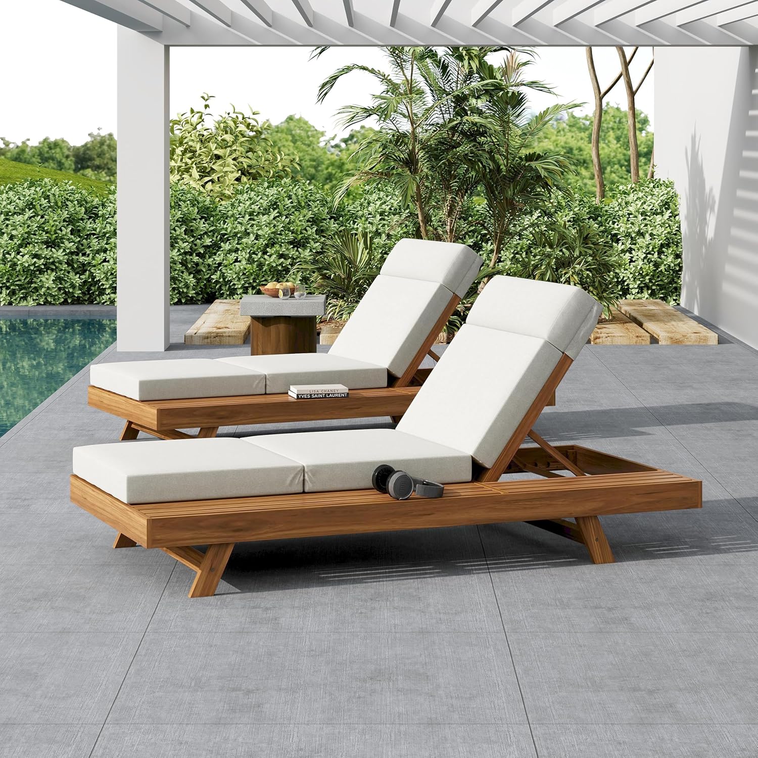 Merax Acacia Wood Chaise Lounge Chair Outdoor Set of 2, Patio Recliner with 4 Position Adjustable Backrest and 4" Thick Four-fold Cushion