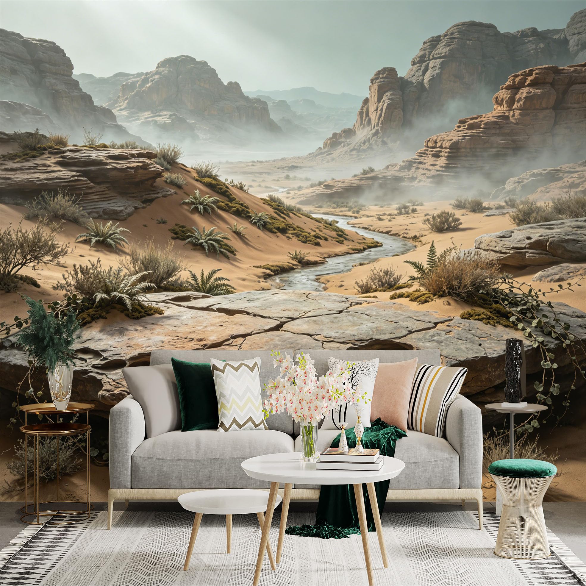 Custom Size Wall Sticker Mural， Desert Canyon Landscape with Rocky Cliffs and Dry Riverbed， for wall Decoration， peelandstick wall Decals.
