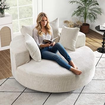 SLEERWAY 55"W Oversized Swivel Accent Chair, Large Barrel Chairs Upholstered Round Swivel Chair, Chenille Single Sofa Armchair, Modern Sleeper Chair for Living Room, Lounge and Projection Room, Beige