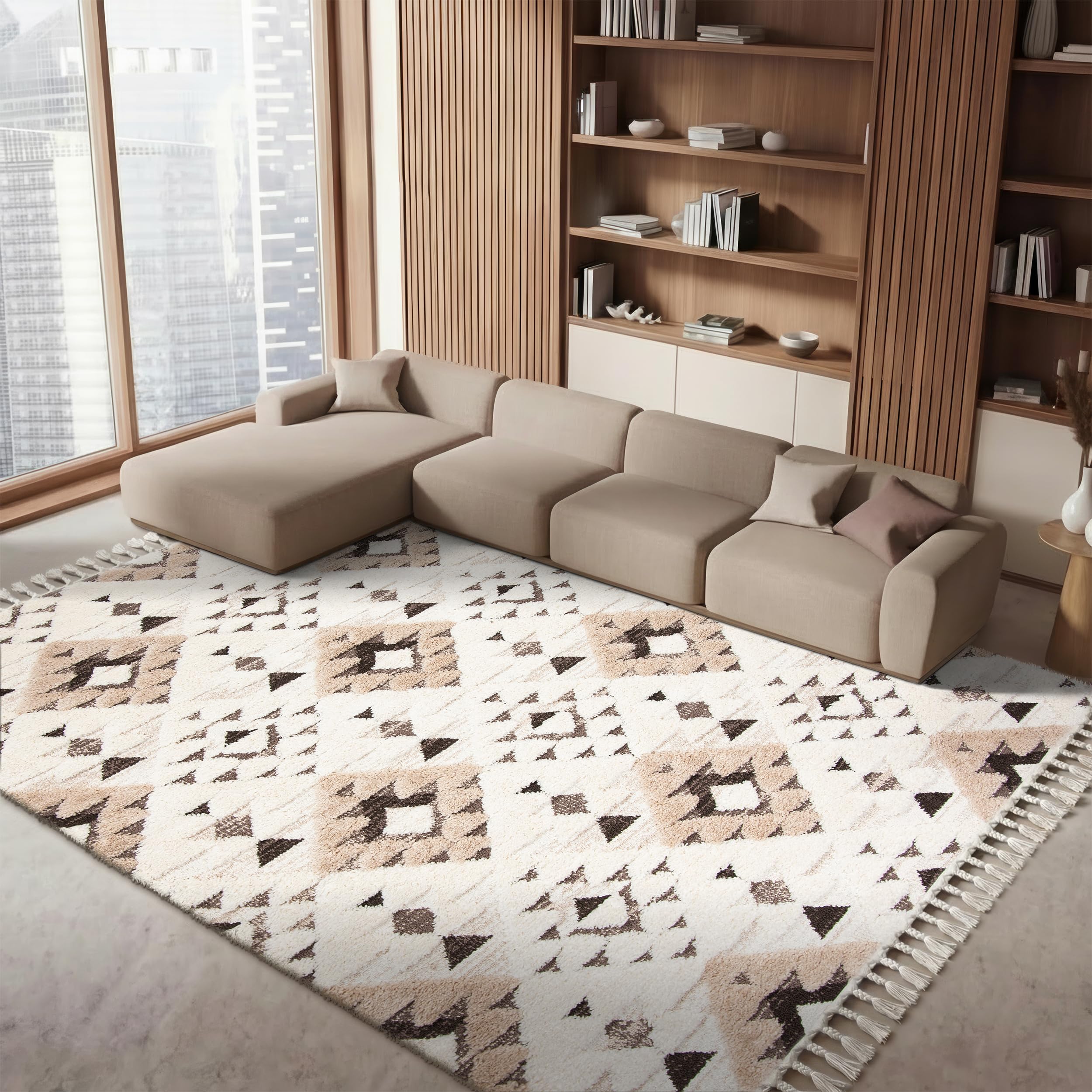 SAFAVIEH Area Rug 8x10 - Moroccan Tassel Shag Collection - Large - Ivory & Brown, Non-Shedding & Easy to Clean, Plush High-Low Texture, Ideal for Living Room, Bedroom, Dining Space (MTS688A)