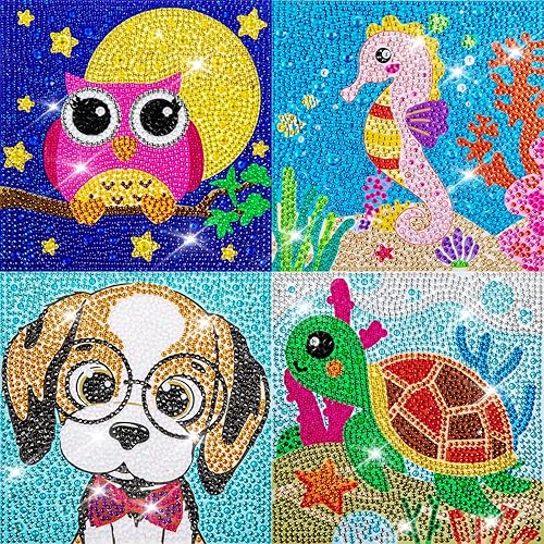 QEUOYSS Kits de pintura de diamante 5D de 4 piezas para niños principiantes, kits de pintura de diamantes fáciles de manualidades para niños de 8 a