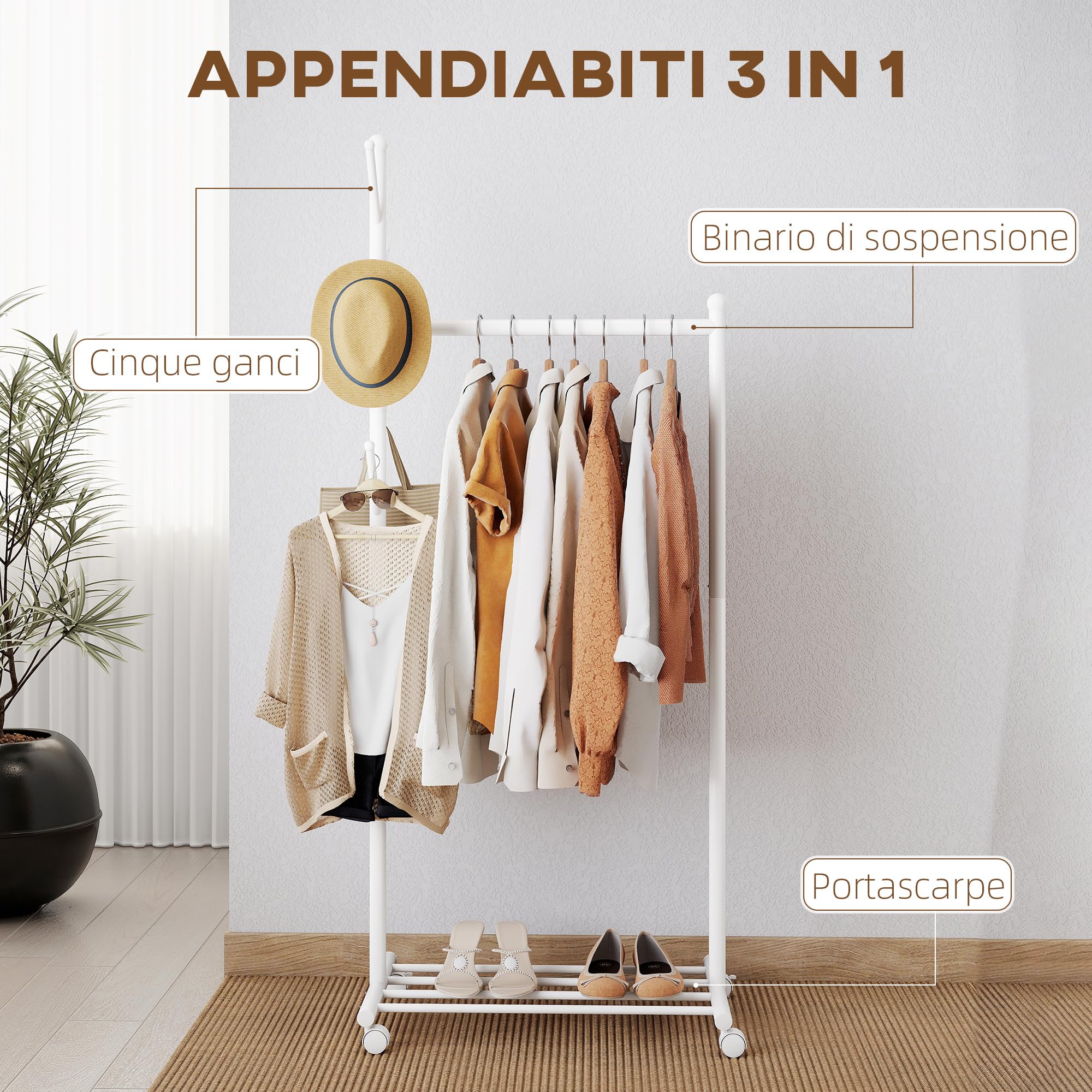 HOMCOM Appendiabiti da Terra con Ruote, Stender per Abiti con 5 Ganci e Ripiano Inferiore Porta Scarpe, per Camera, Ingresso e Corridoio, Bianco