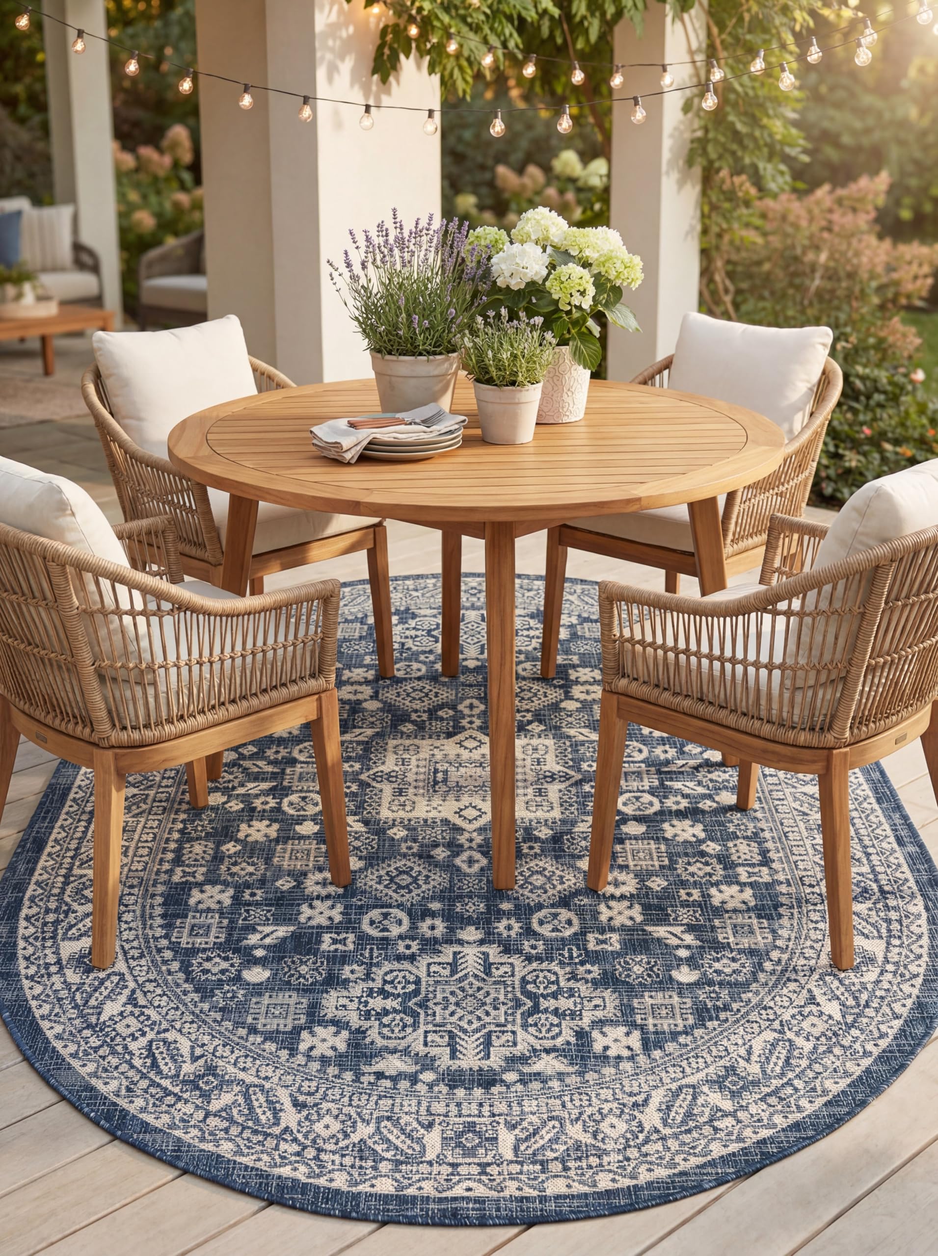 Rugs.com Outdoor Aztec Collection Rug – 8' x 10' Oval Blue Flatweave Rug Perfect for Living Rooms, Large Dining Rooms, Open Floorplans