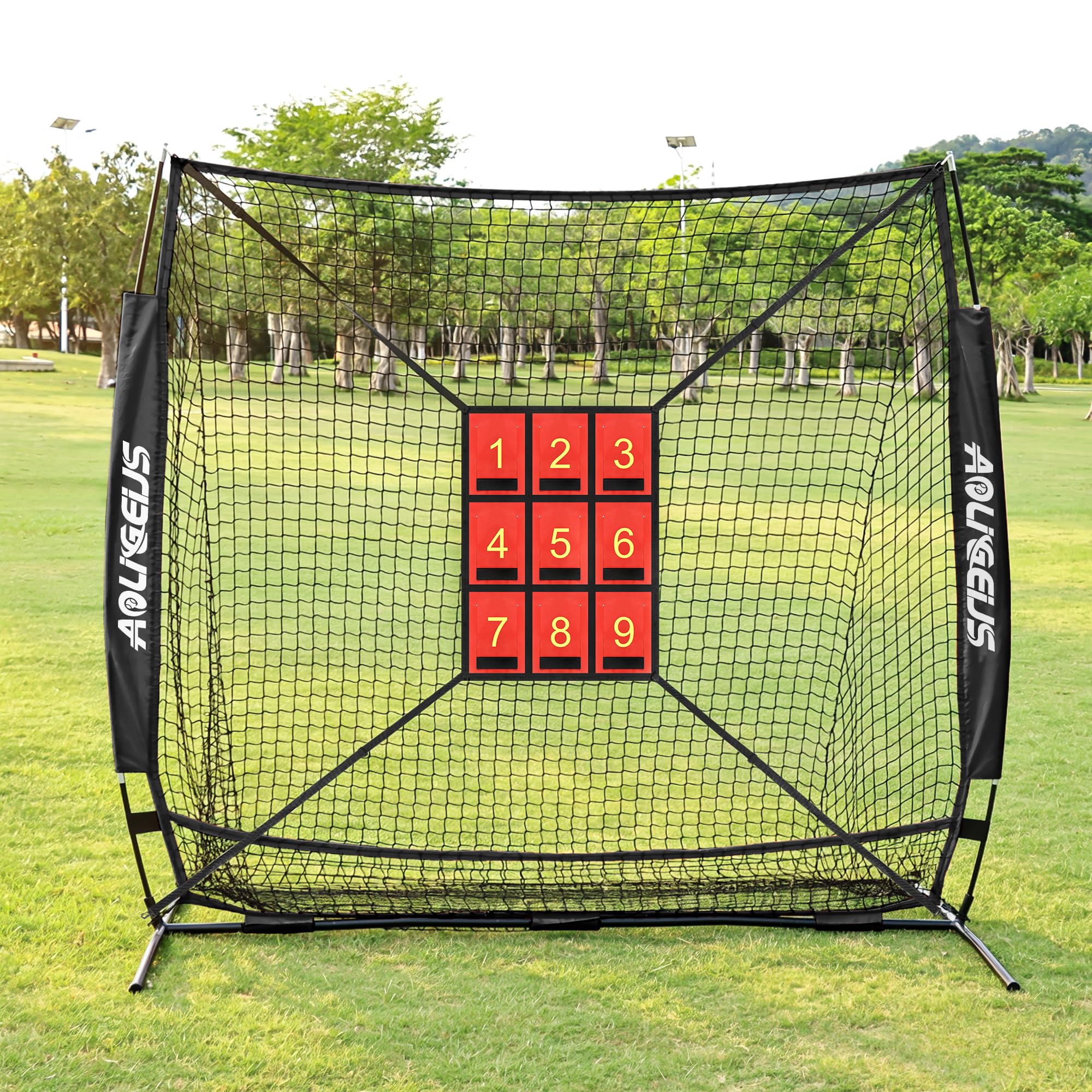Red de práctica de béisbol y sóftbol de 7 x 7 pies, red de lanzamiento, red de bateo, con zona de golpe adicional, objetivo y objetivo de zona de golpe ajustable, para golpear, lanzar y