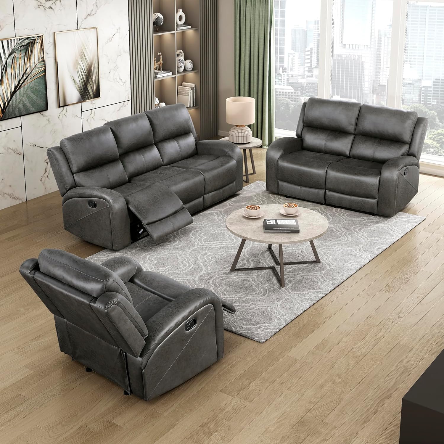 Lexicon Rocker Recliner Living Room Set, Wall Hugger Sofa Recliners, Couches for Living Room, Home Theater Seating, include Dual Reclining Couch, Loveseat & Chair, Required Assembly, 3-Piece Set, Grey