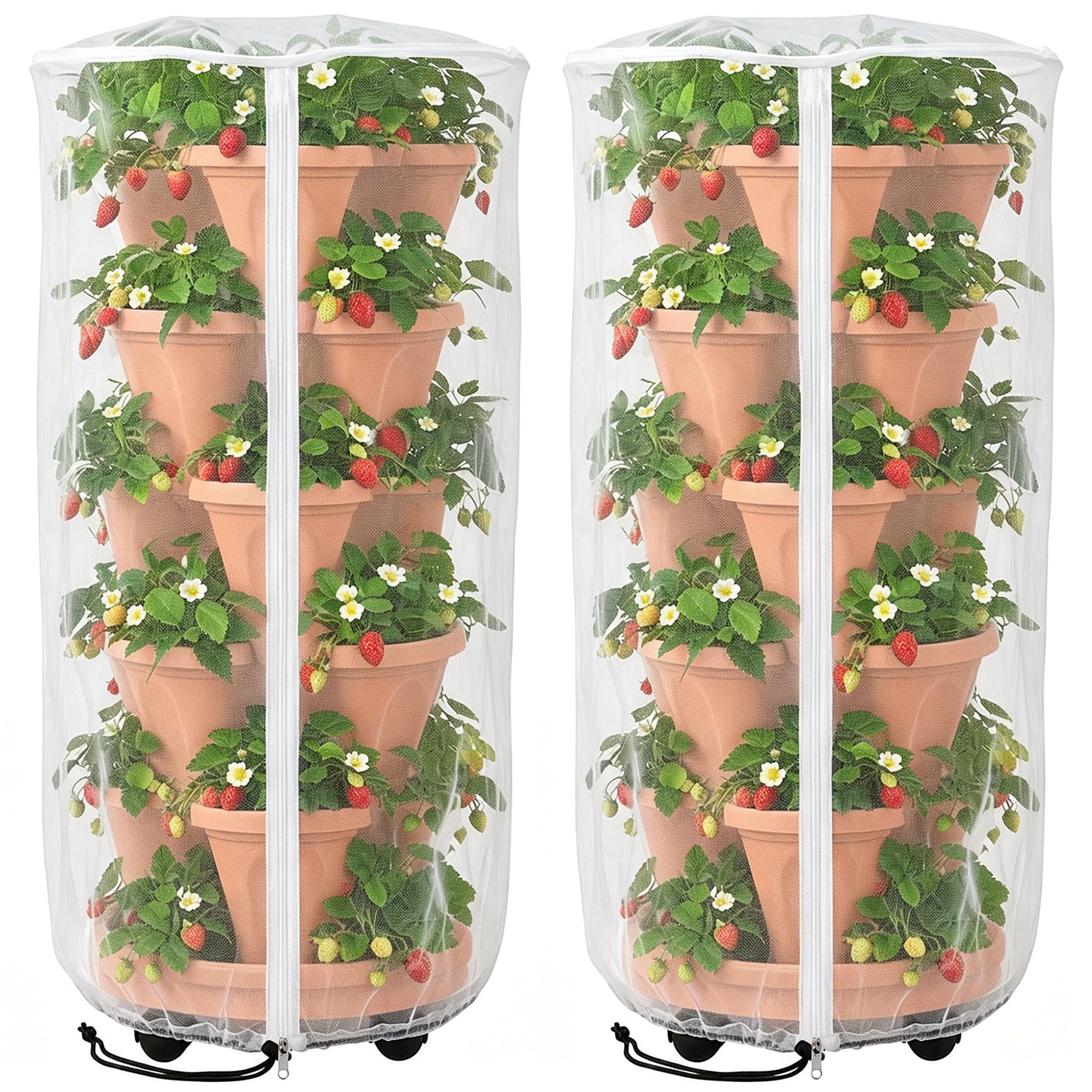 Photo 1 of 2 Pcs Vertical Plant Pot Insect Netting with Zipper, 39"x20" Stackable Planter Garden Net Cover, 3 to 5 Tier Planter Pot Insect Bird Barrier Protection Mesh for Strawberry Herb Flower Fruit Vegetable