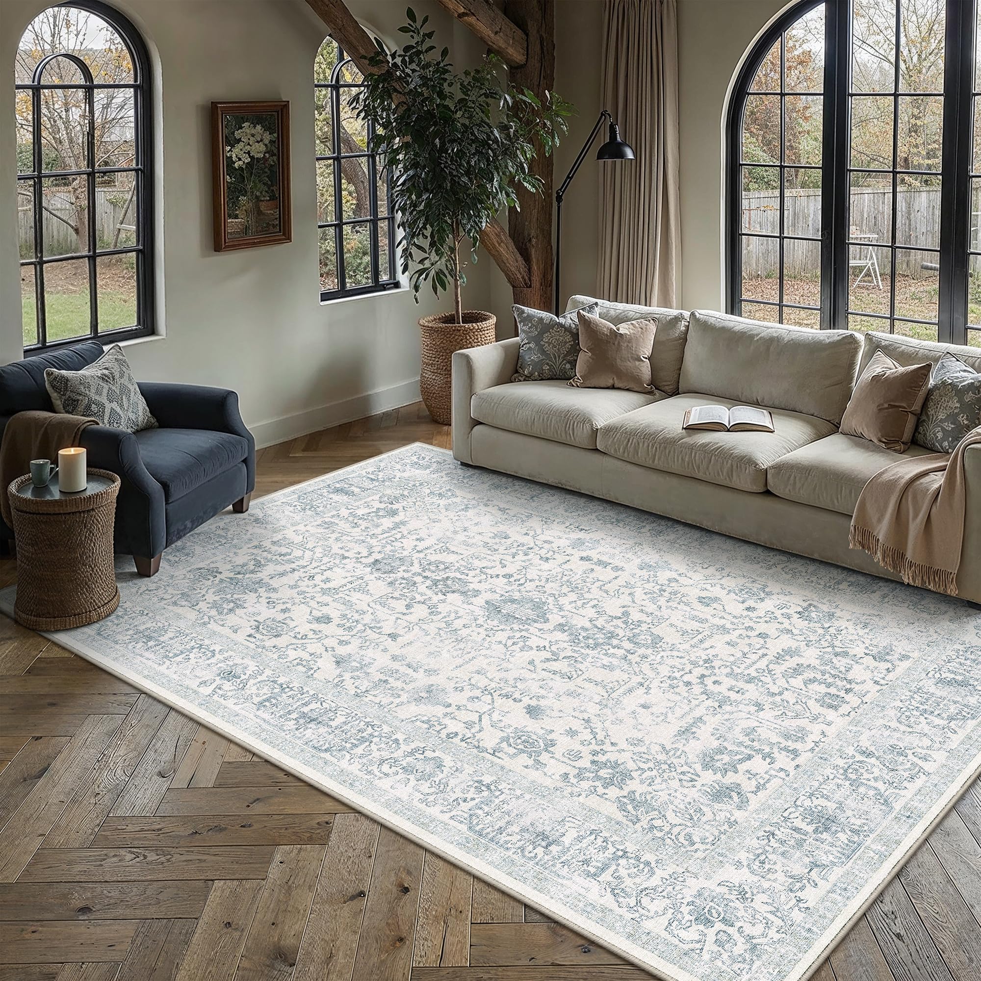 PureCozy Vintage Rugs Living Room Washable 160x230cm Blue Large Carpet — image 1