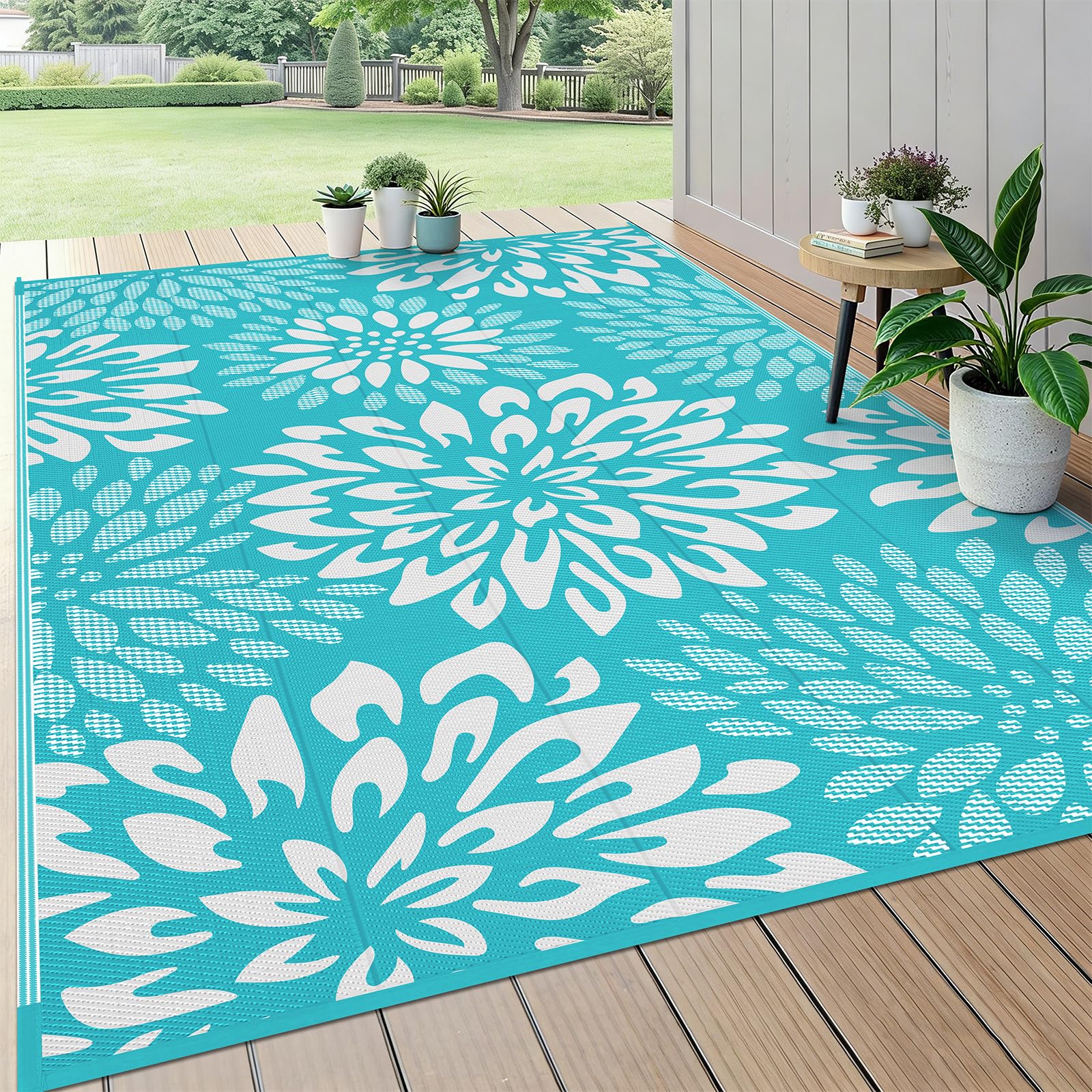 HEBE Waterproof Outdoor Rug 5'x8', Floral Reversible Plastic Patio Rug
