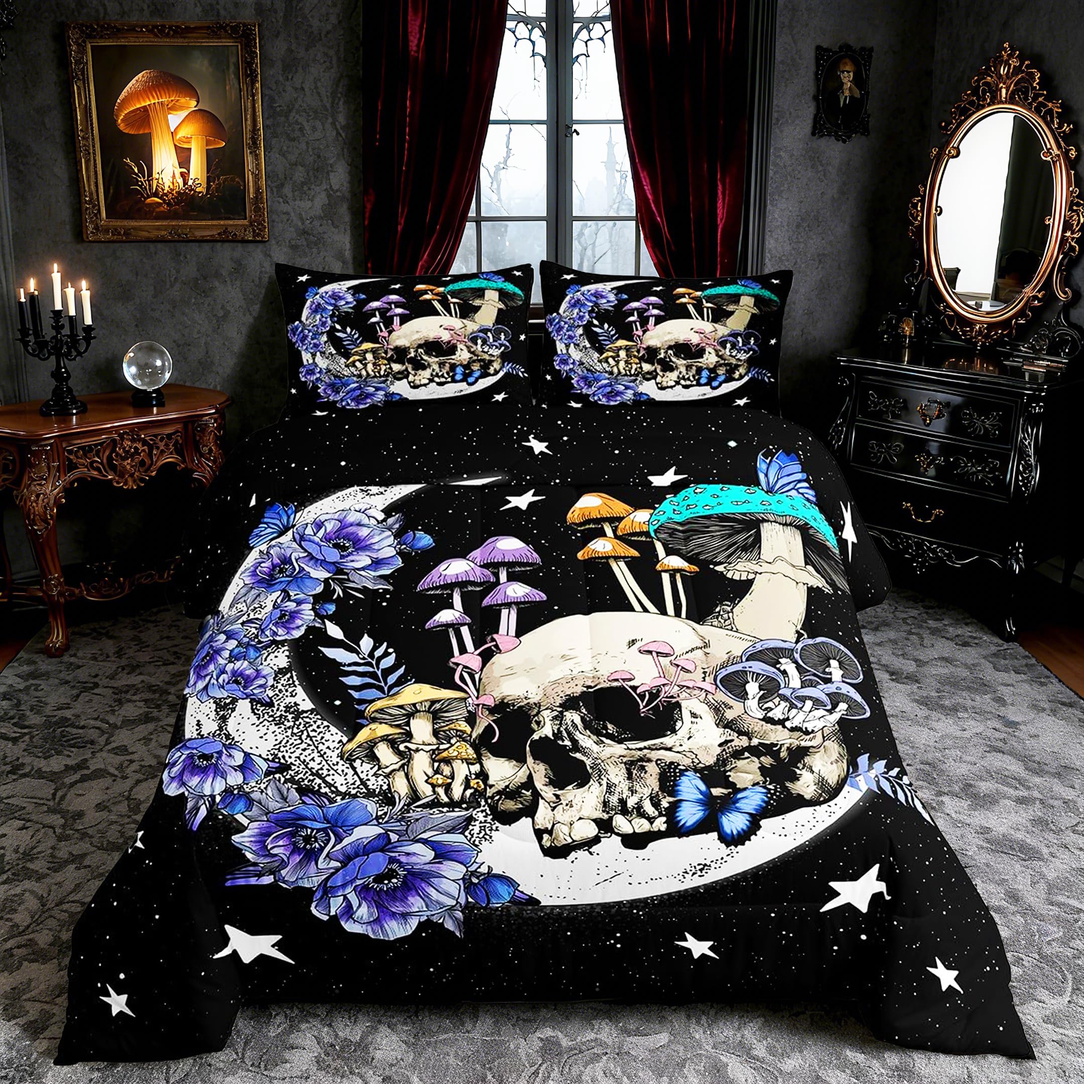 Star Moon Bedding Set King Size Mushroom Sugar Skull Comforter Set 3pcs for Kids Girls Boys Youth Bedroom Decor Exotic Plants Quilted Duvet Purple