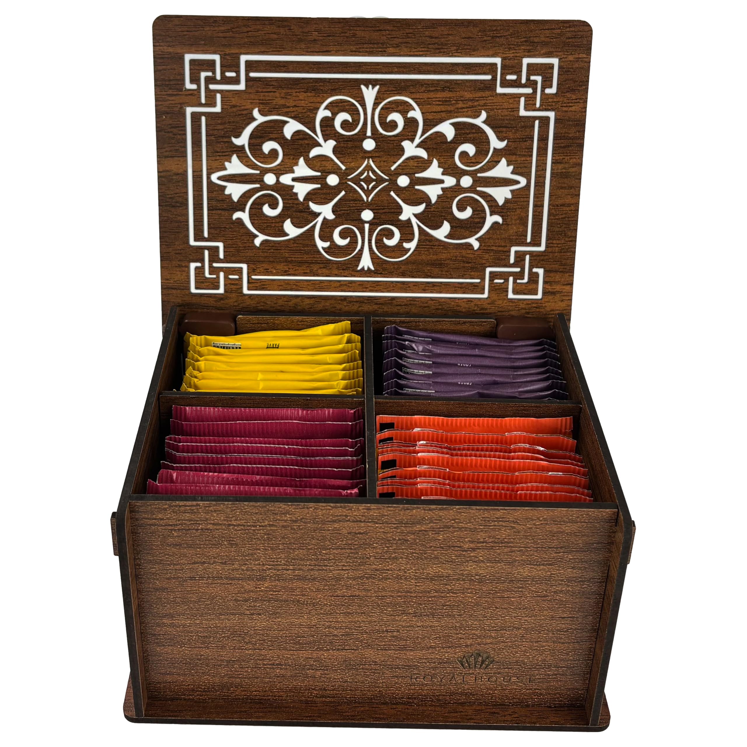 RoyalHouse Premium Wood (Hard MDF) Tea Storage Box Organizer (Brown), Multi-Functional Decorative Box, 4 Compartments For Assorted Variety Of Tea Bags and Small Items