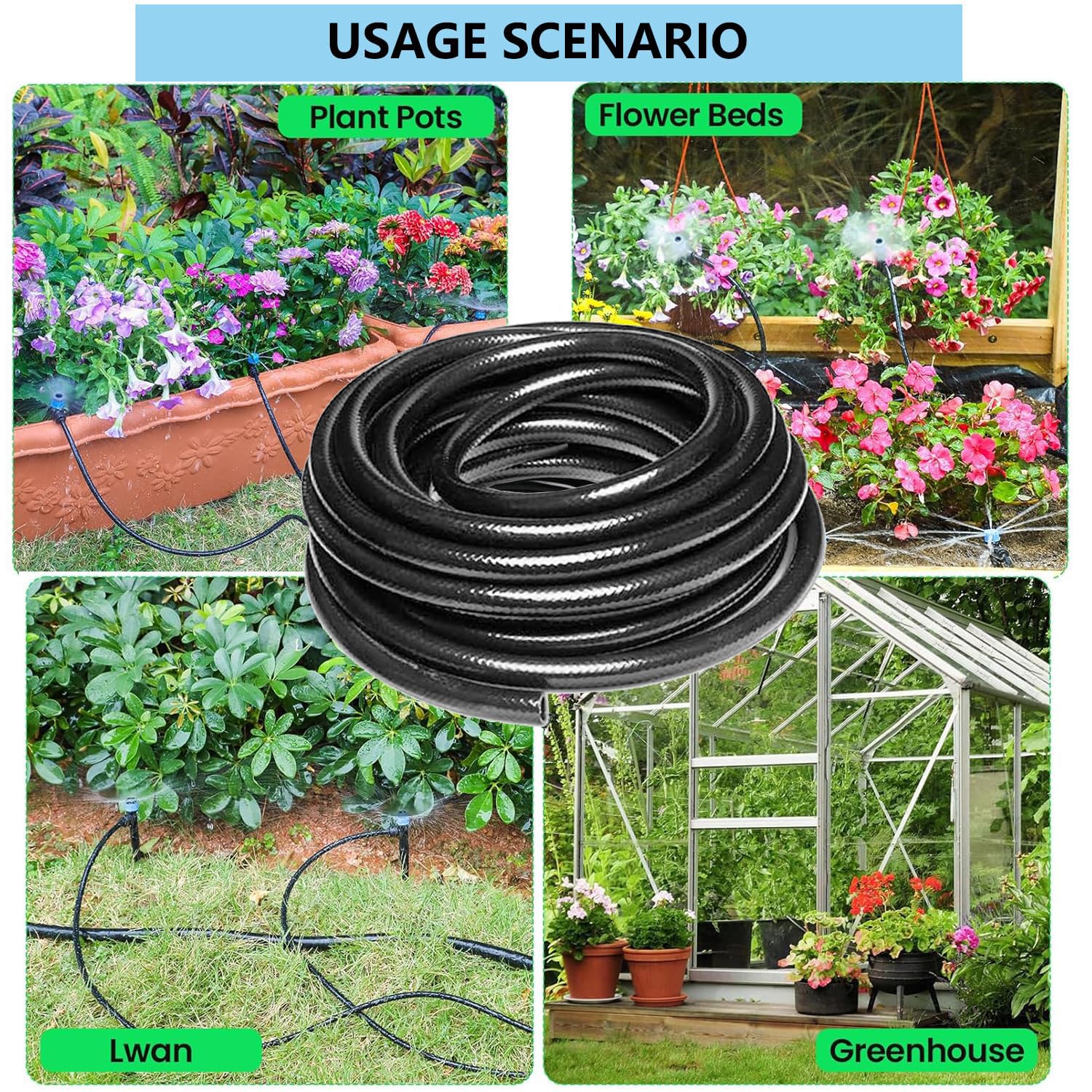 Manguera de goteo de 12 m, sistema de riego de jardín, manguera principal para sistemas de riego de jardín y componentes de riego, conector recto de 1/2 pulgada, tapa de extremo de conector de 3 vías