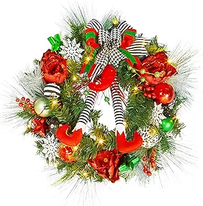 24" Prelit Christmas Wreath with Lights, Battery Operated Xmas Garland with Decorations, Wreath for Front Door Porch Wall Window Fireplace Outdoor Home Holiday Accent