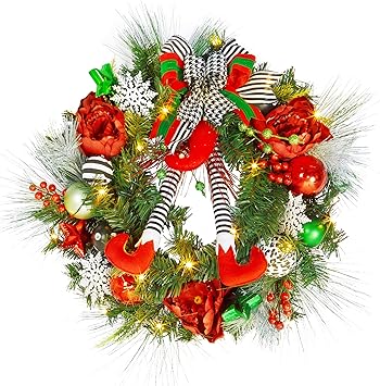 24 Inch Lighted Christmas Wreath, Pre-lit Fireplace Christmas Wreaths with Lights, Red Green Christmas Wreath for Decorating Christmas Front Door Decor