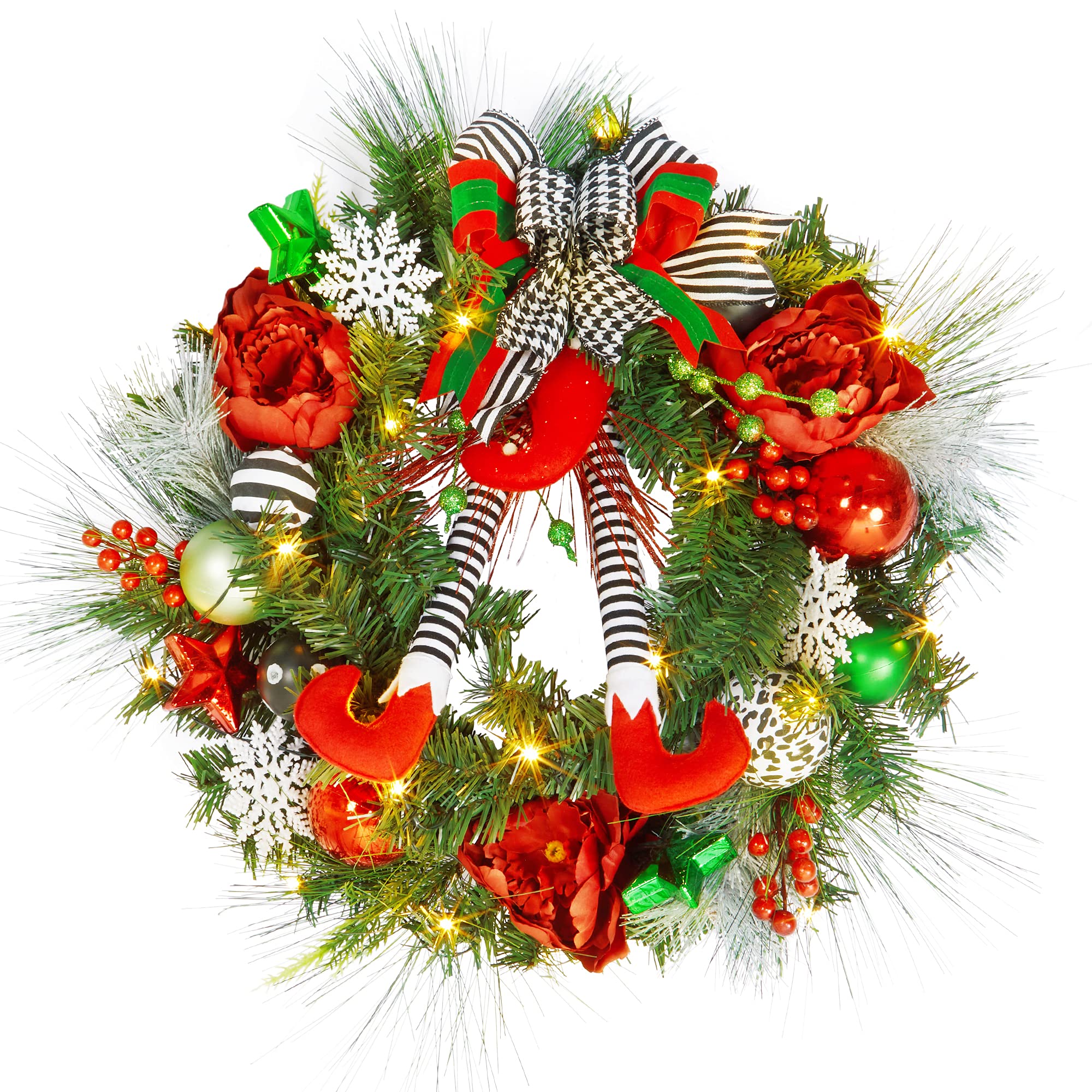 24 Inch Pre-Lit Christmas Wreath for Front Door with 20 Lights, Lighted Christmas Wreath with Red Green Xmas Balls Bows for Fireplace Window Outdoor Table Centerpiece Decoration, Red & Green