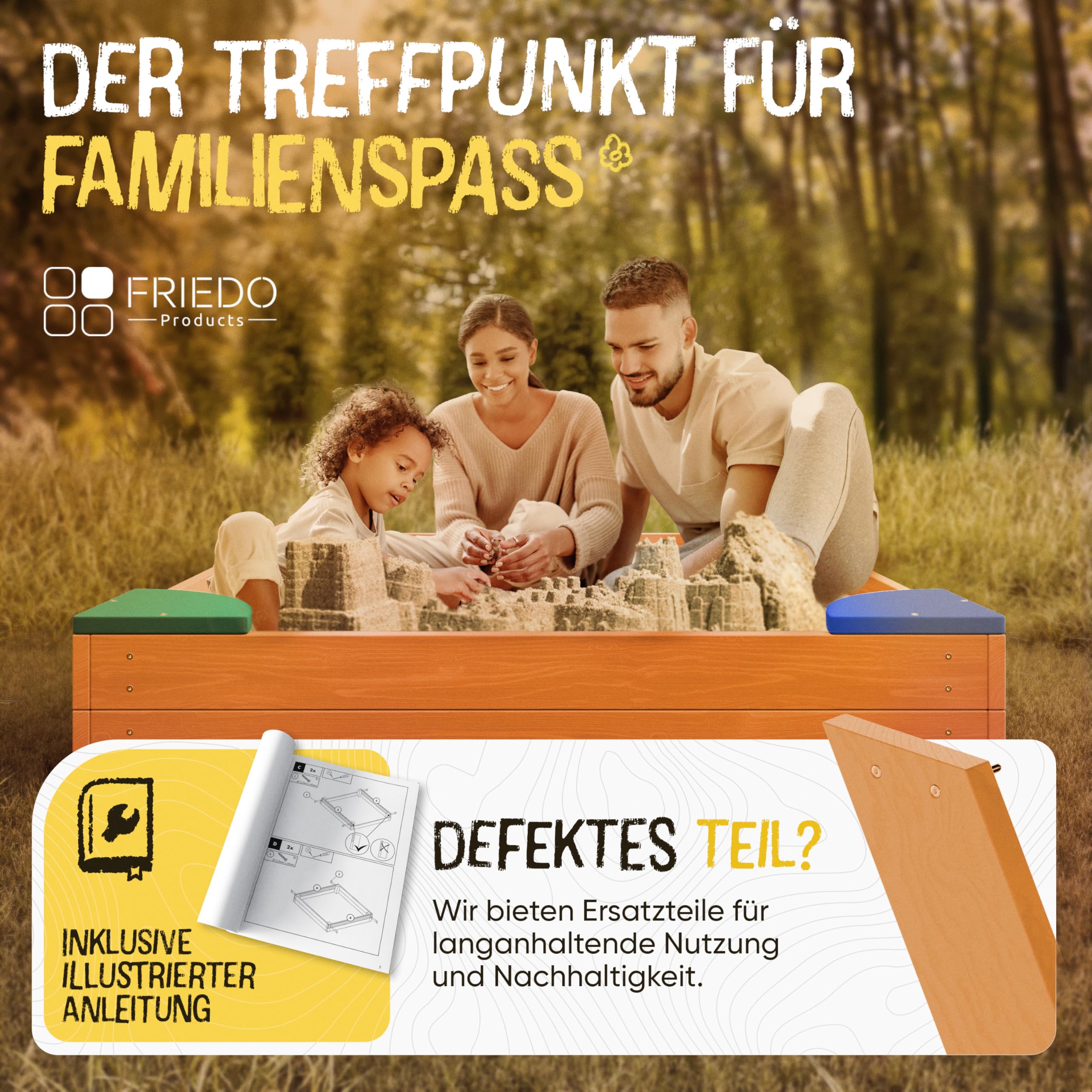 FRIEDO – Sandkasten mit Abdeckung 120x120 cm - Sandbox inkl. Bodenvlies zum Schutz vor Unkraut und Ungeziefer - Buddelkasten mit farbigen Ecken für den Garten - Sandkiste aus Holz mit Abdeckplane